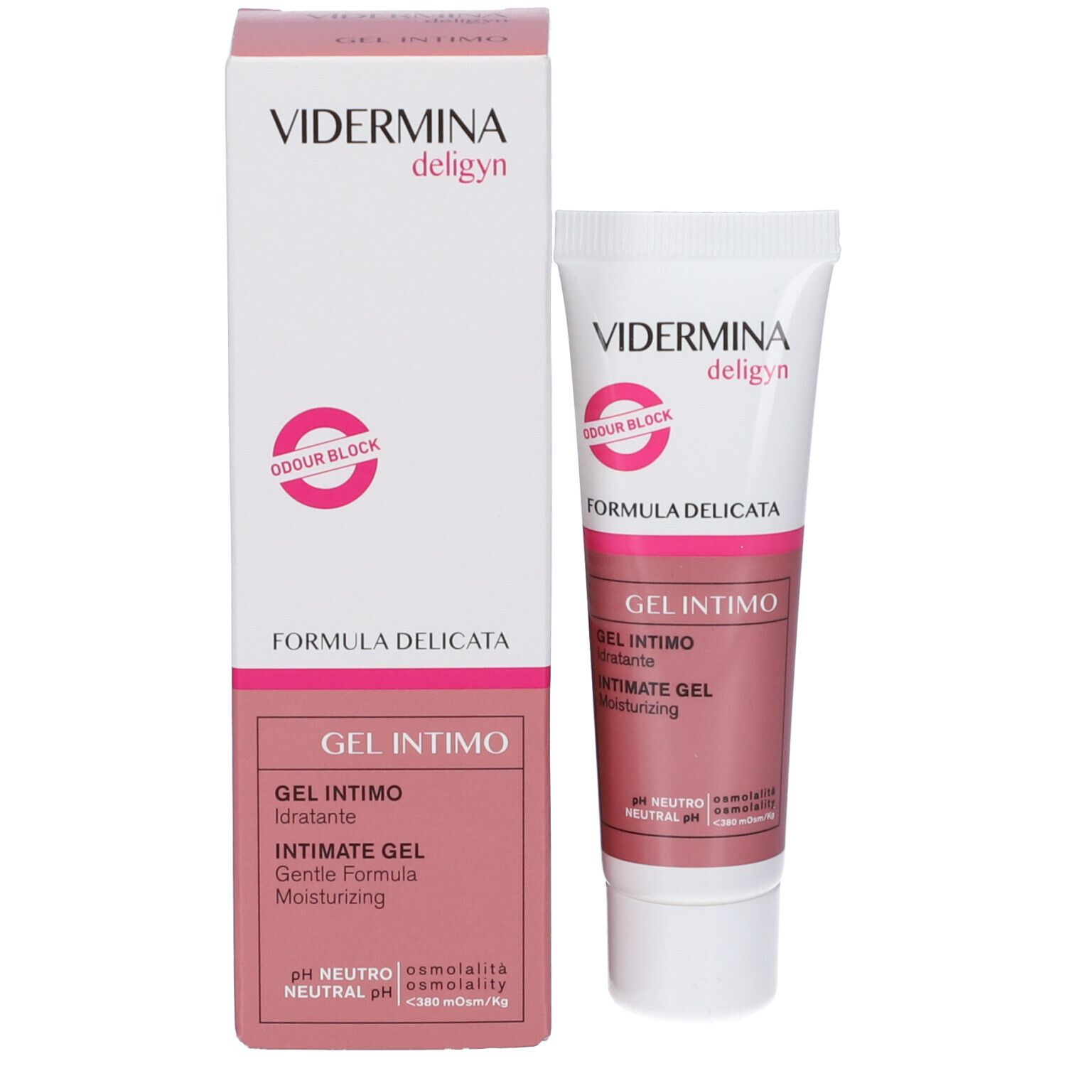 Tube et emballage VIDERMINA deligyn. Inscription: GEL INTIMO, FORMULA DELICATA, pH NEUTRO.