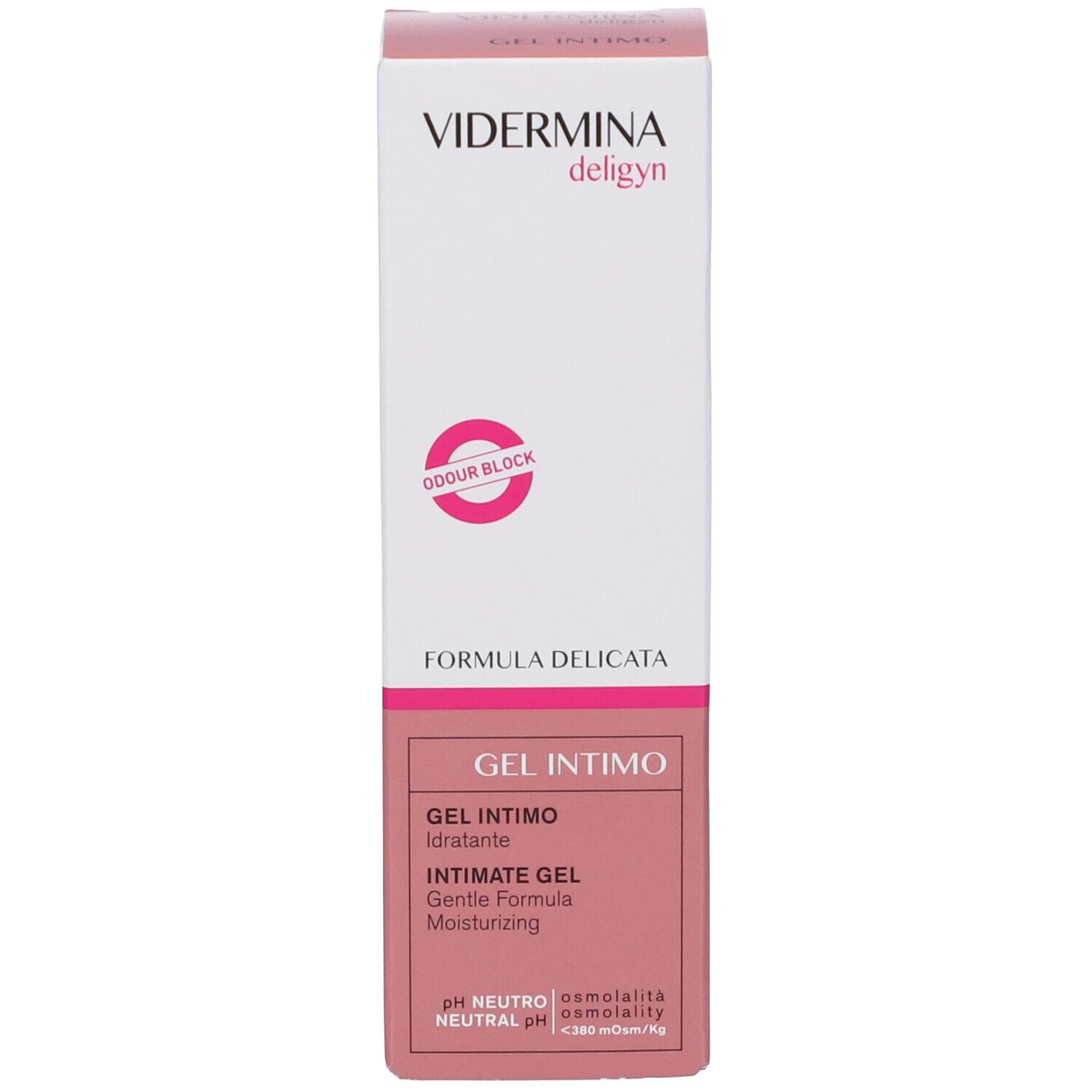 Emballage VIDERMINA deligyn. Inscription: GEL INTIMO, FORMULA DELICATA, pH NEUTRO. Rose et blanc.