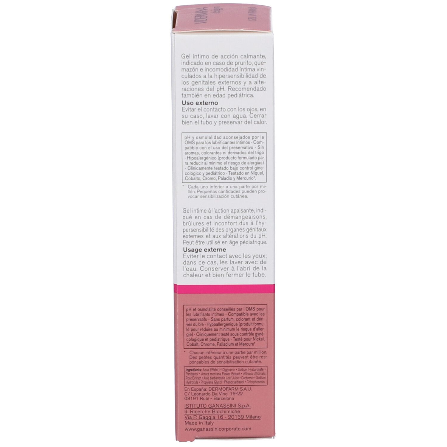 Emballage VIDERMINA deligyn. Texte multilingue. Rose et blanc.