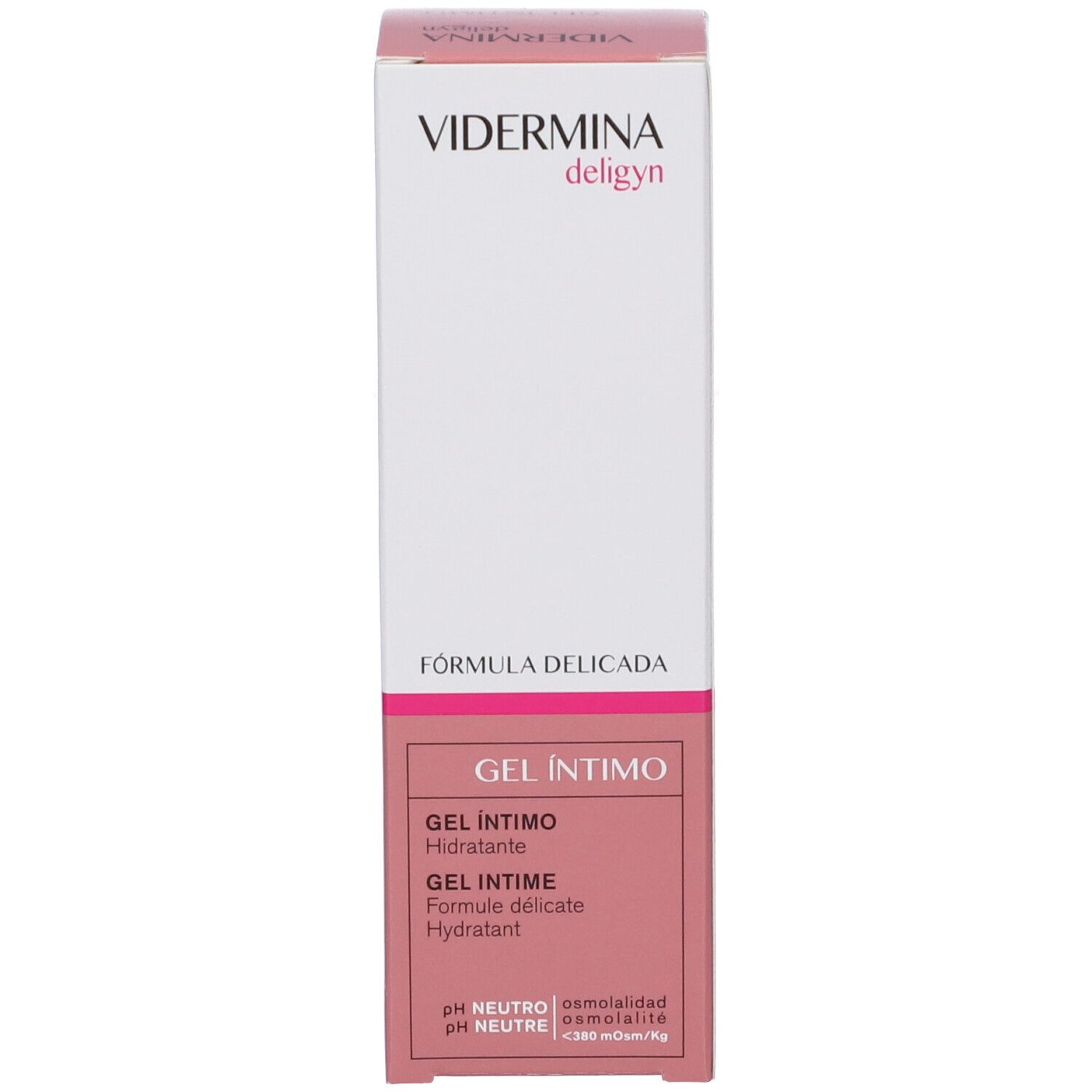 Emballage VIDERMINA deligyn. Inscription: GEL INTIME, FORMULE DÉLICATE, pH NEUTRE. Rose et blanc.