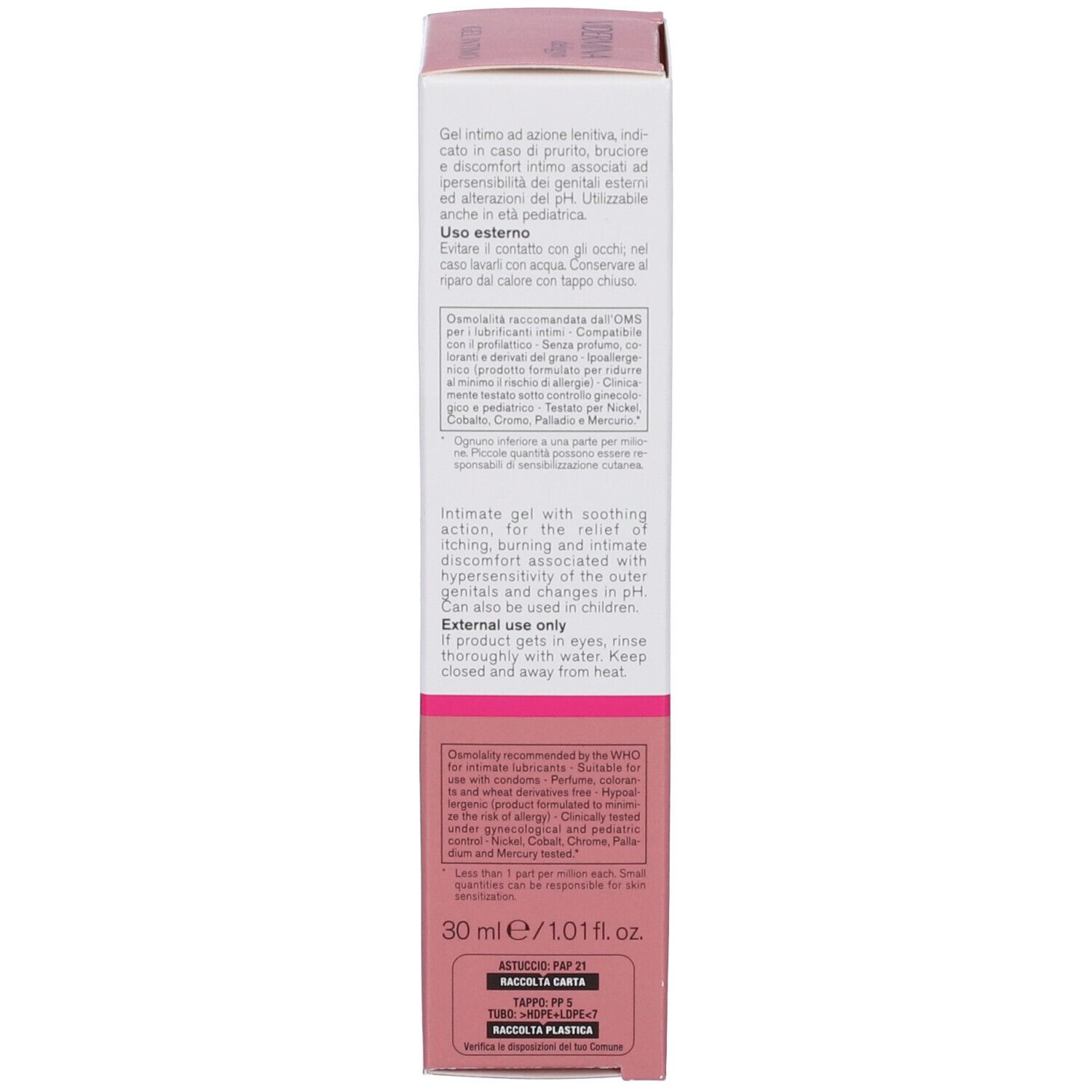 Emballage VIDERMINA deligyn. Texte multilingue. Rose et blanc.