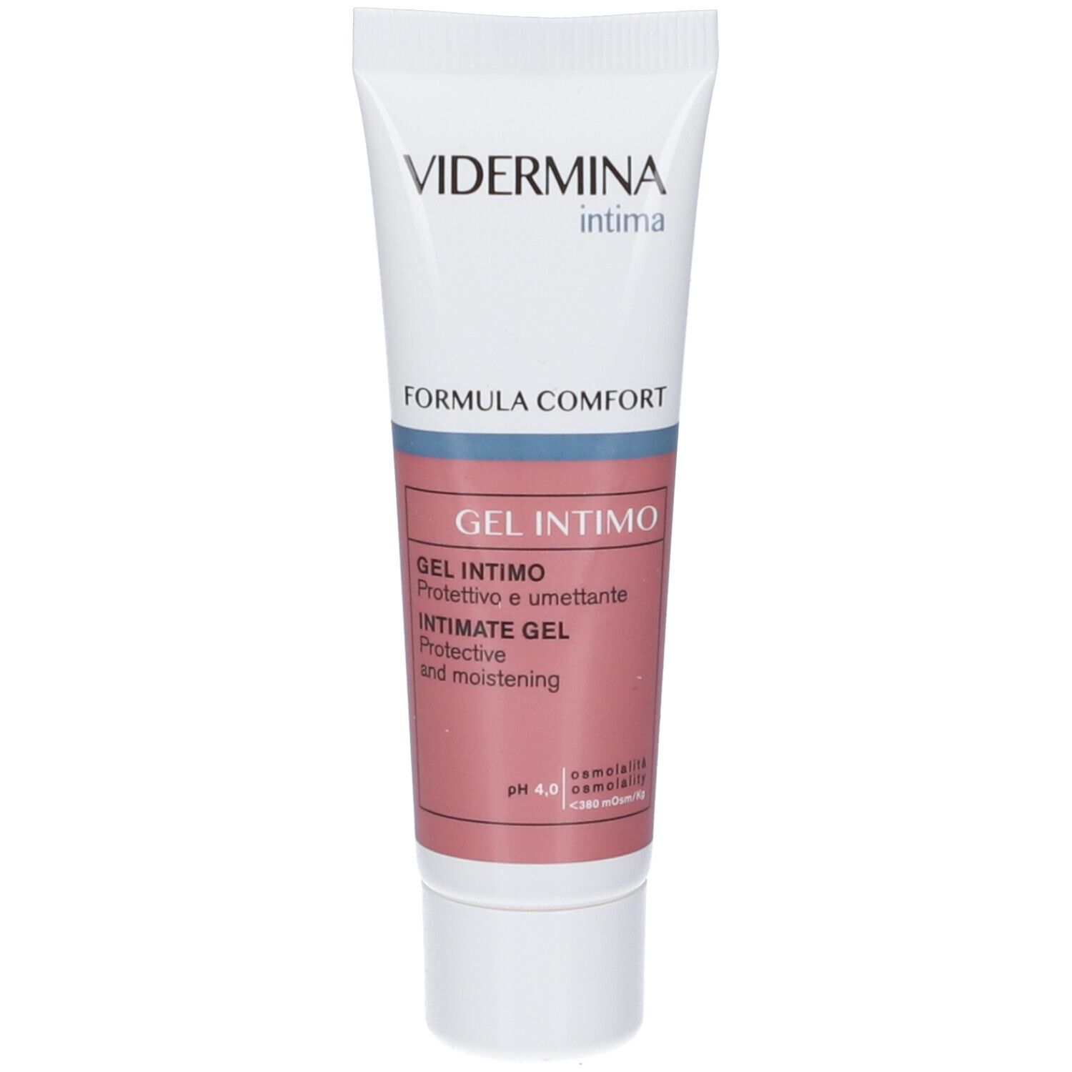 Tube blanc et rose avec VIDERMINA intima. FORMULA COMFORT, GEL INTIMO, pH 4.0. Nom du produit et caractéristiques en italien et en anglais.