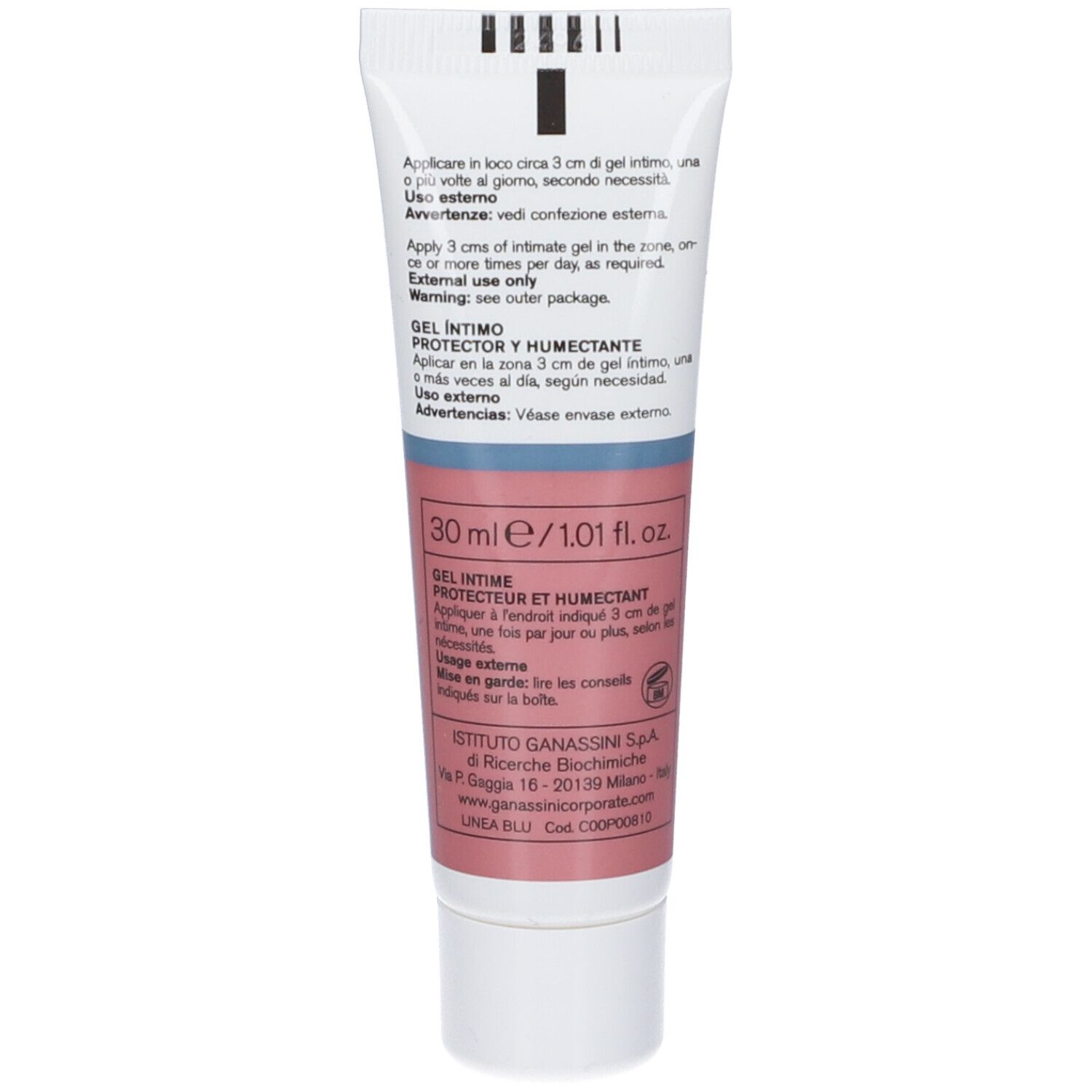Dos du tube avec texte. GEL INTIMO, 30 ml/1.01 fl.oz. Instructions d'utilisation en plusieurs langues. Informations du fabricant.