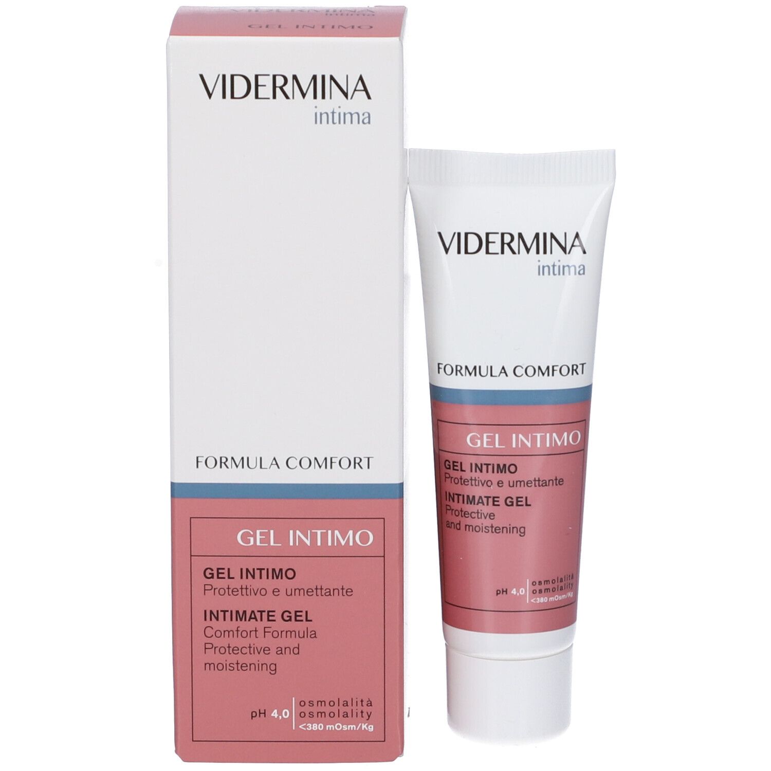 Produit avec emballage. VIDERMINA intima, FORMULA COMFORT, GEL INTIMO. Nom du produit et caractéristiques sur l'emballage et le tube.
