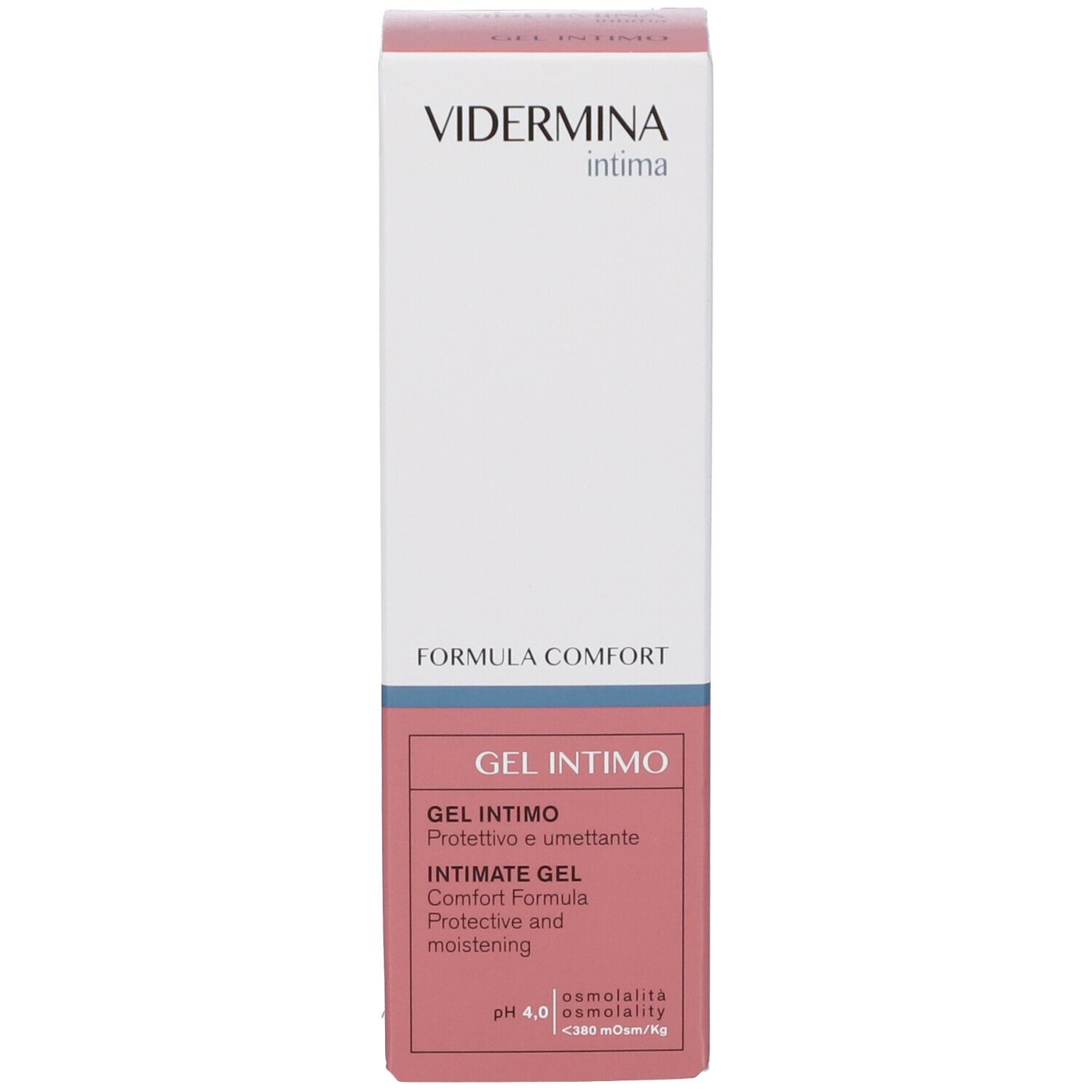Emballage avec VIDERMINA intima. FORMULA COMFORT, GEL INTIMO. Nom du produit et caractéristiques en italien et en anglais.