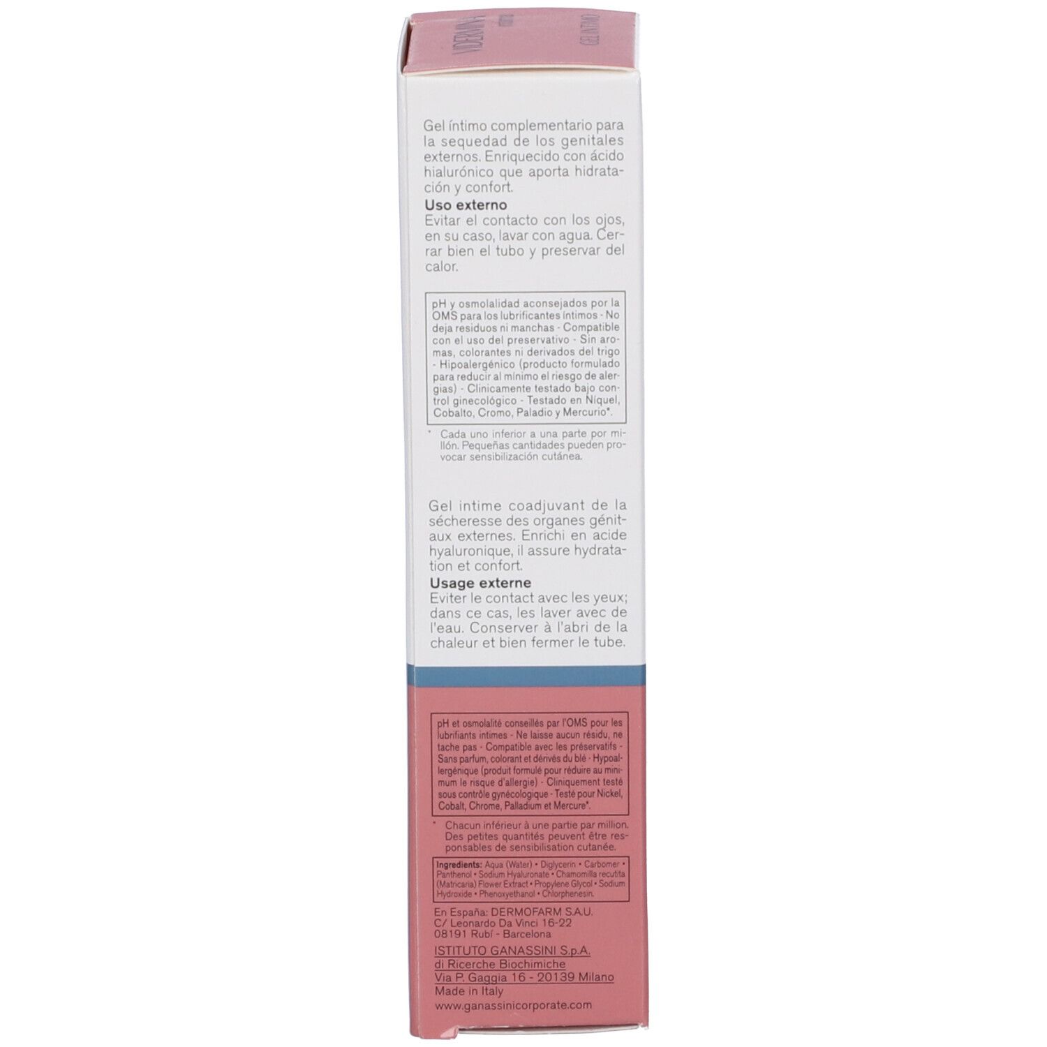 Dos de l'emballage avec texte. GEL INTIMO, instructions d'utilisation en plusieurs langues. Informations du fabricant et ingrédients.