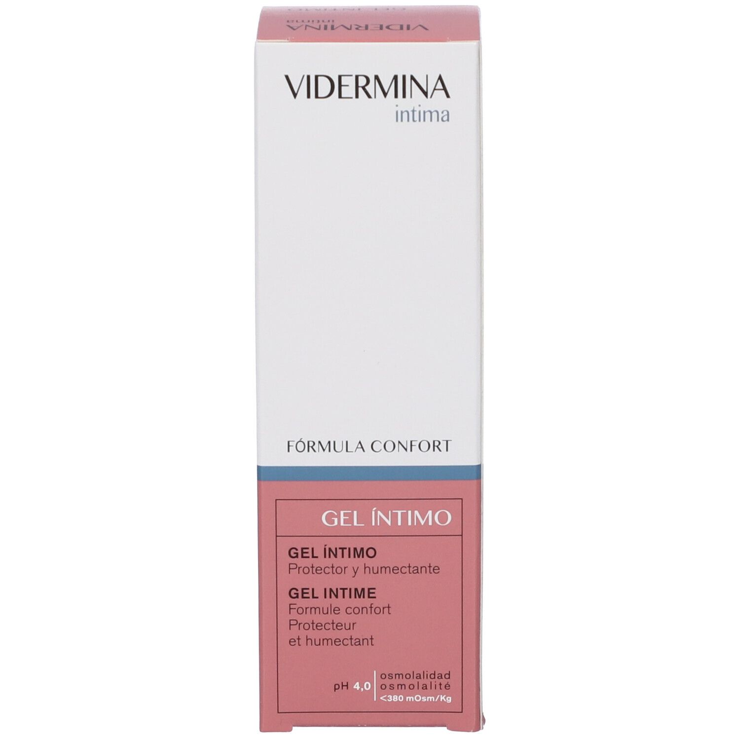Emballage avec VIDERMINA intima. FORMULA COMFORT, GEL INTIMO. Nom du produit et caractéristiques en italien et en français.