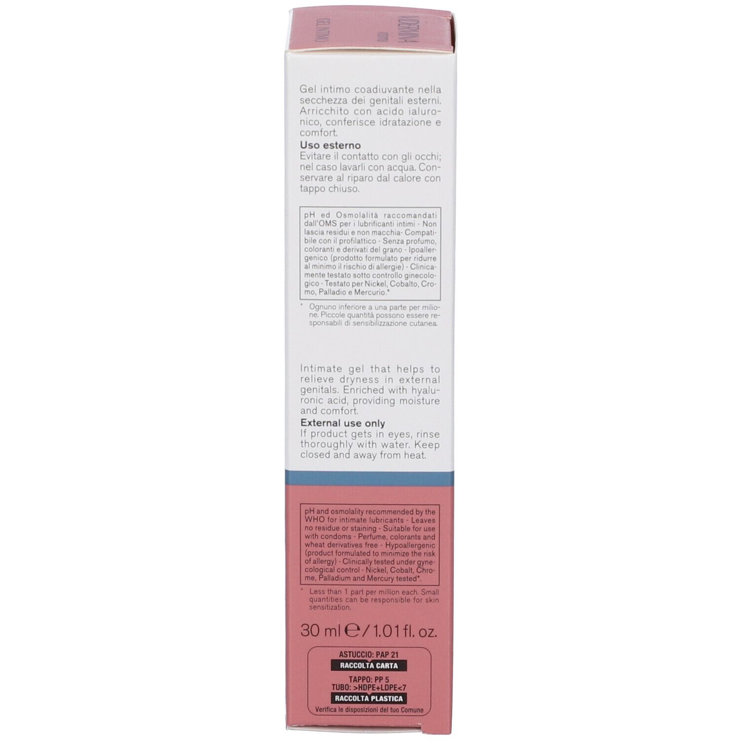 Dos de l'emballage avec texte. GEL INTIMO, 30 ml/1.01 fl.oz. Instructions d'utilisation en plusieurs langues. Informations du fabricant.