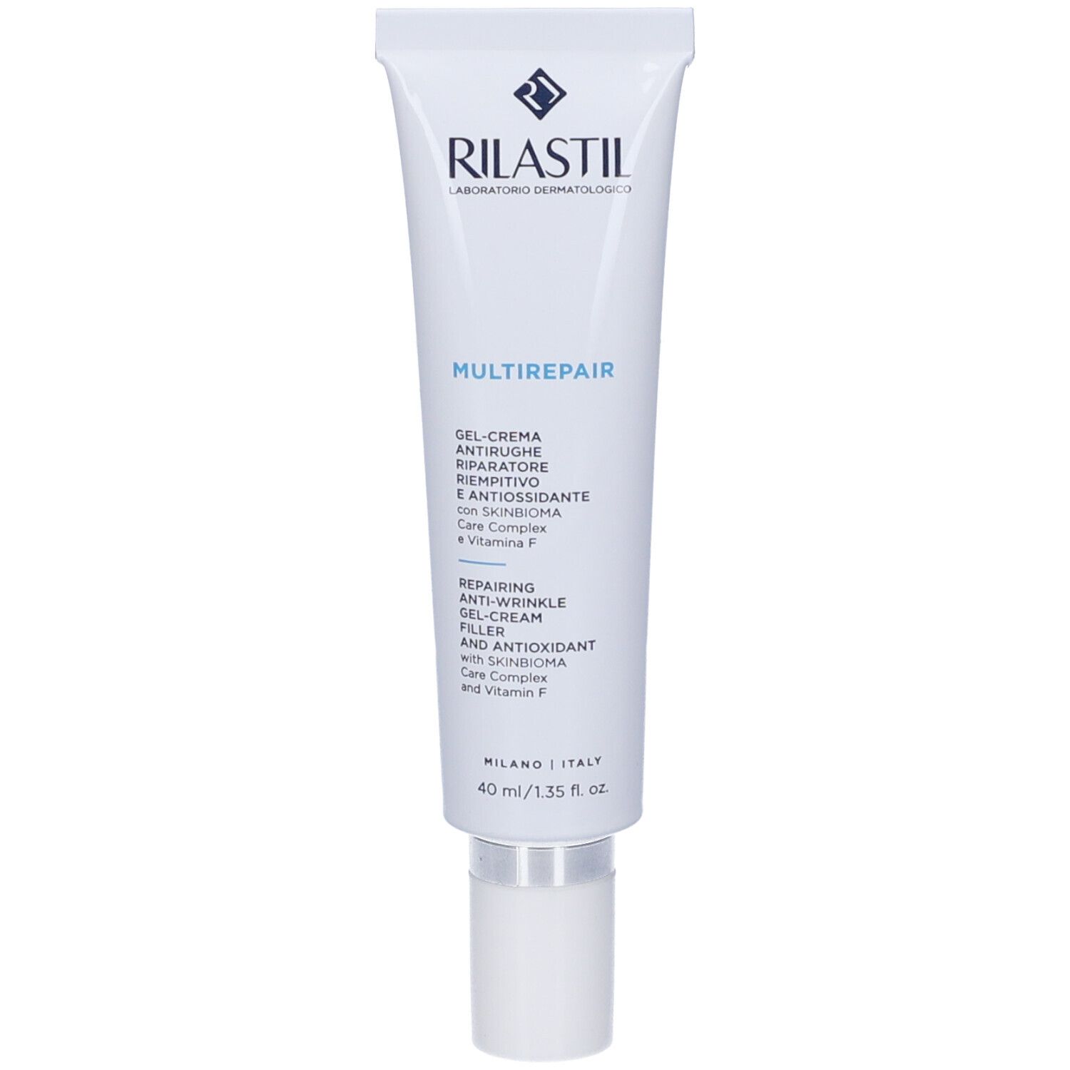 Tube blanche avec texte bleu. Nom du produit: Multirepair. Contient gel-crème anti-rides. Marque: Rilastil.