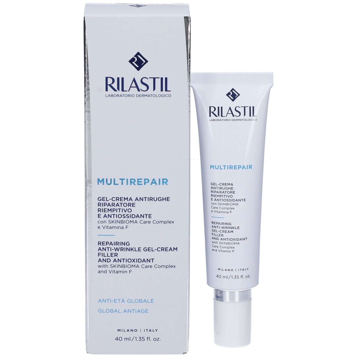 Emballage du produit avec tube. Emballage blanc avec texte bleu. Nom du produit: Multirepair. Marque: Rilastil.