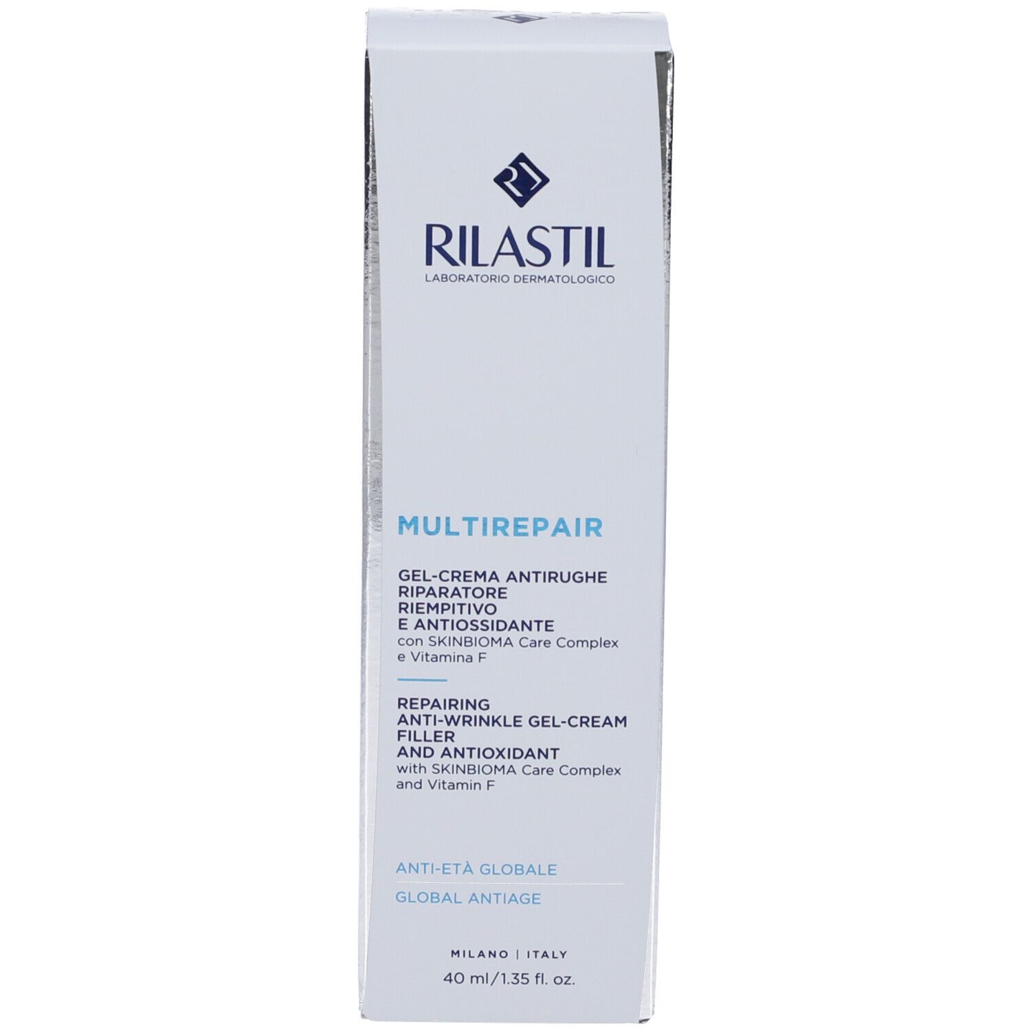 Emballage du produit, blanc avec texte bleu. Nom du produit: Multirepair. Marque: Rilastil. Contient des informations.