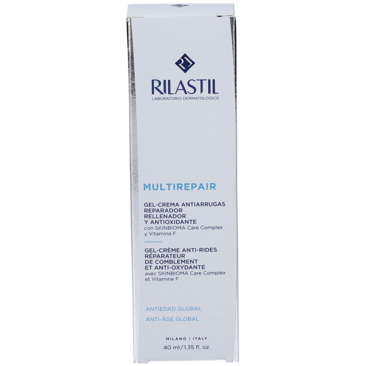 Emballage du produit, face avant. Blanc avec texte bleu. Nom du produit: Multirepair. Marque: Rilastil.
