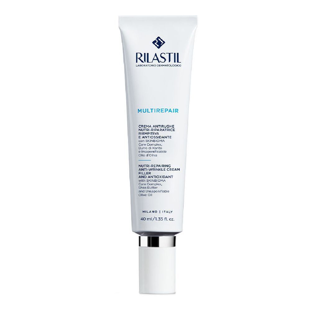 Tube blanc avec texte bleu. RILASTIL® et MULTIREPAIR. Crème anti-rides. 40 ml.