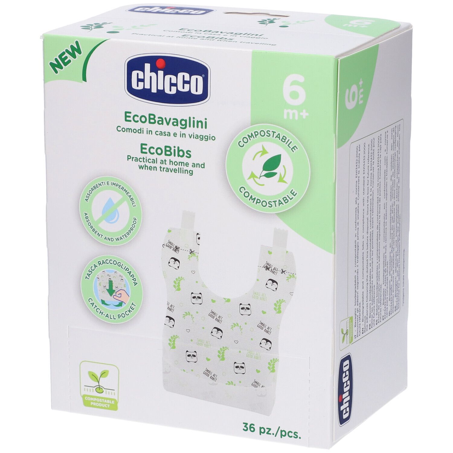 Bavoirs jetables Chicco, 36 pièces. Compostables, 6+ mois.