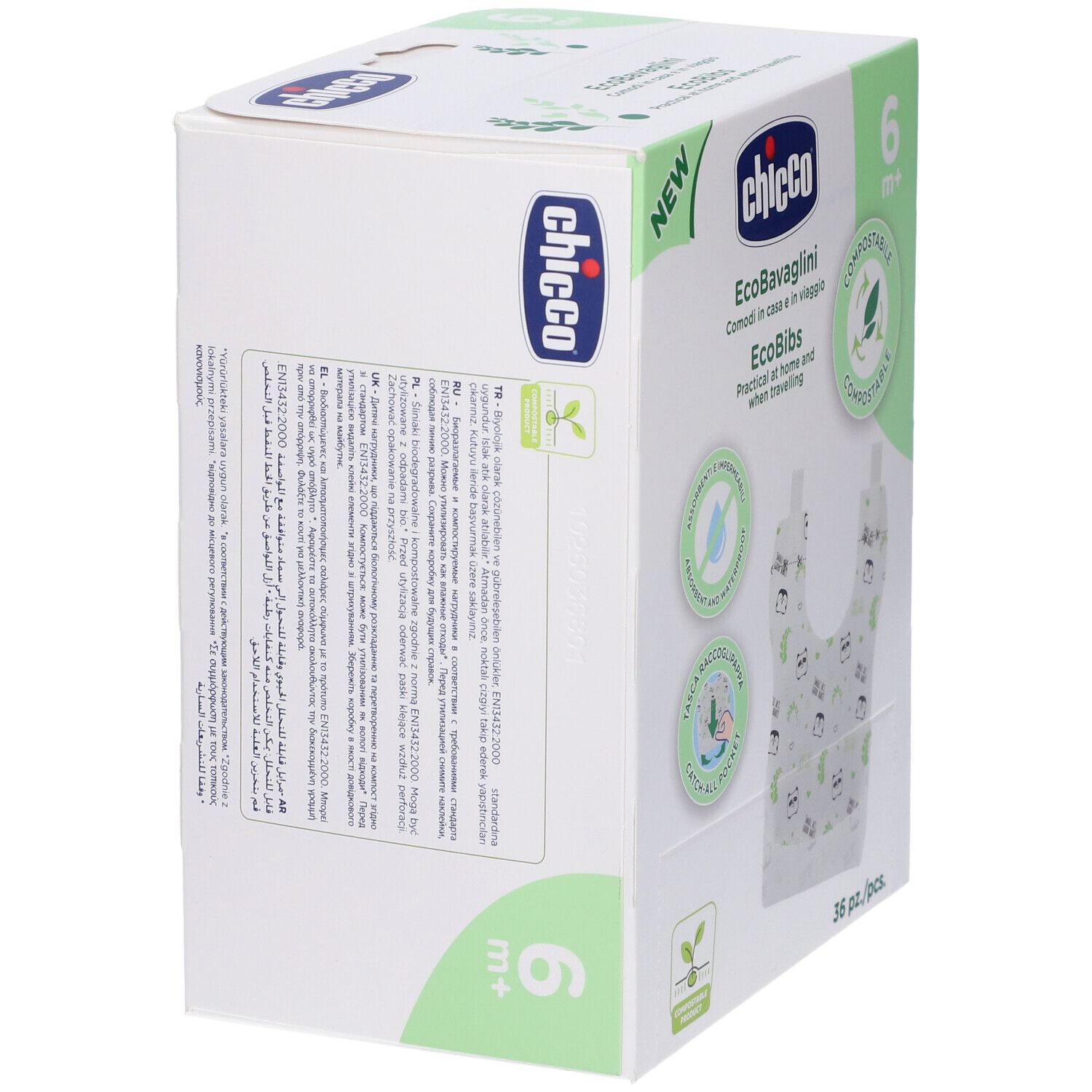Bavoirs jetables Chicco, dos avec informations multilingues. 36 pièces.