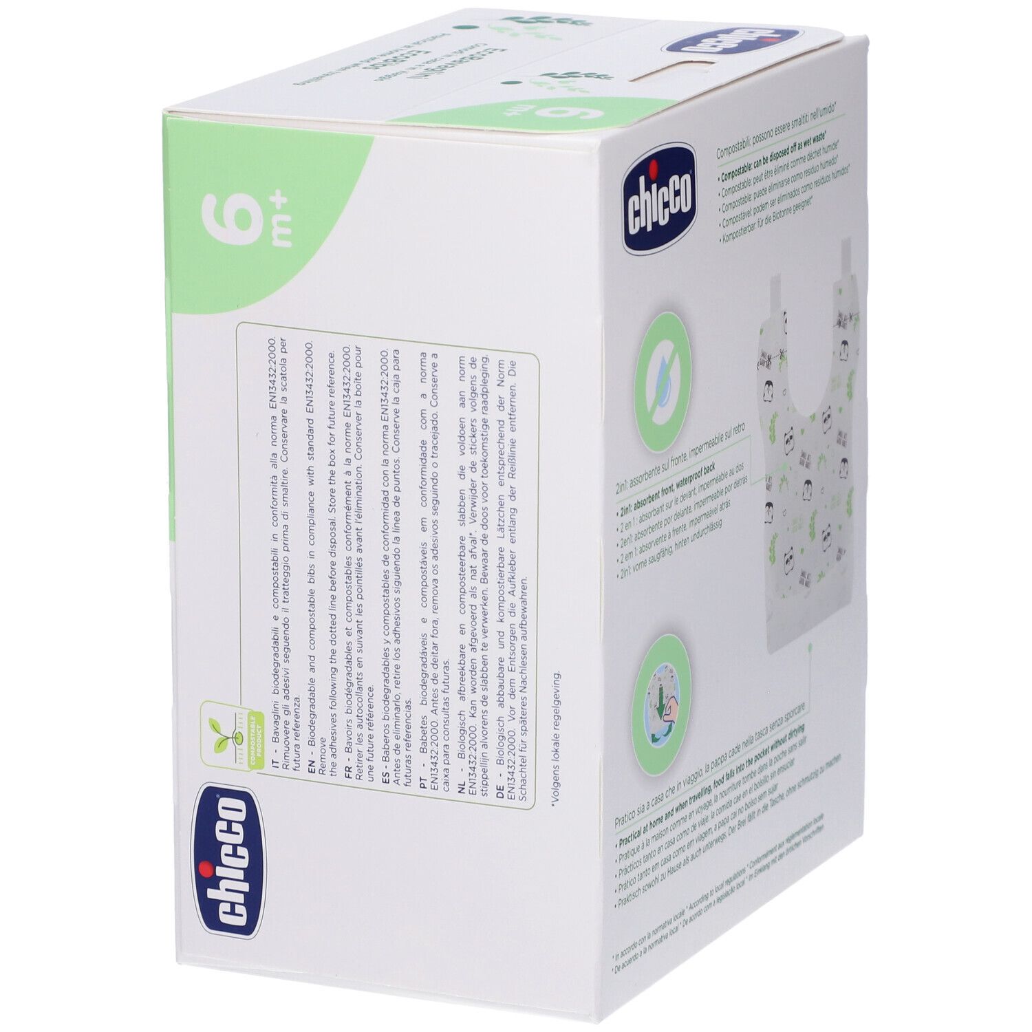 Bavoirs jetables Chicco, 36 pièces. Compostables, 6+ mois, avec poche collectrice.