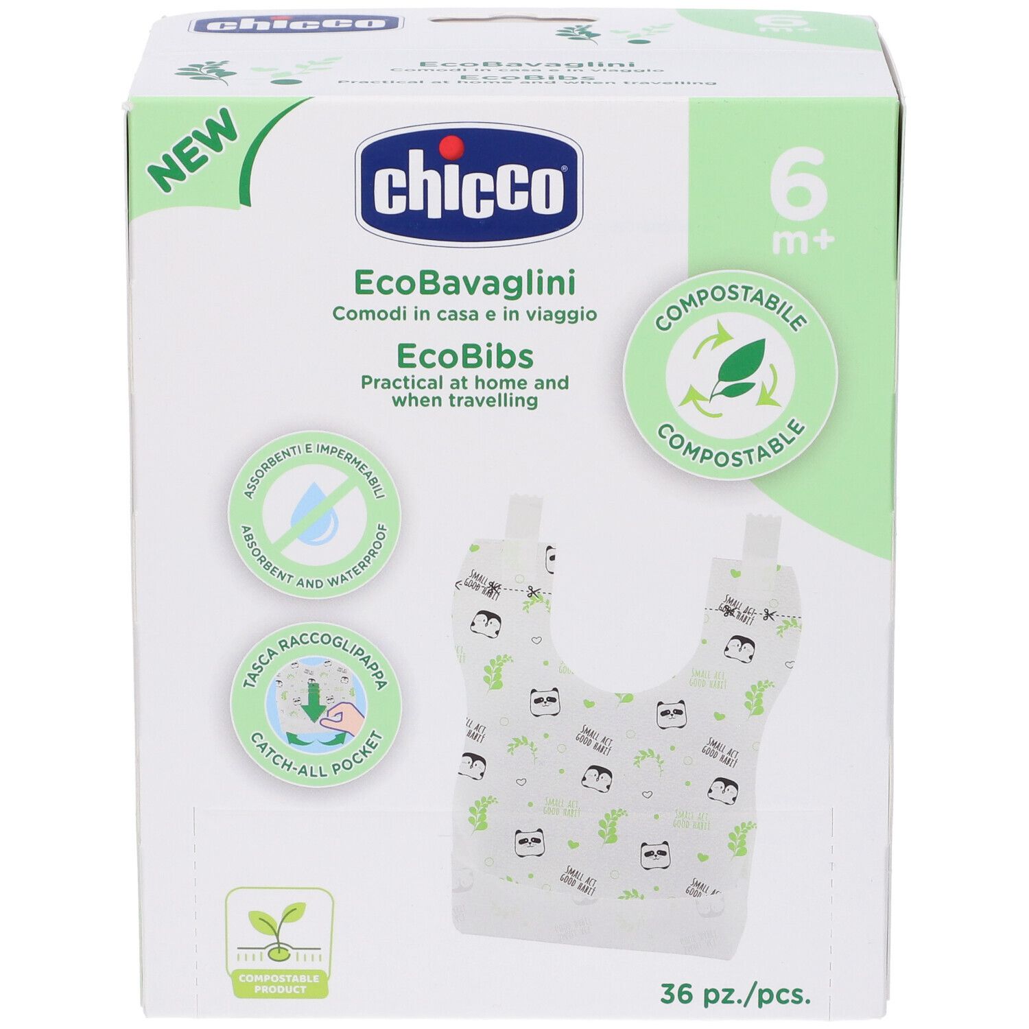 Bavoirs jetables Chicco, 36 pièces. Compostables, 6+ mois, motif panda.