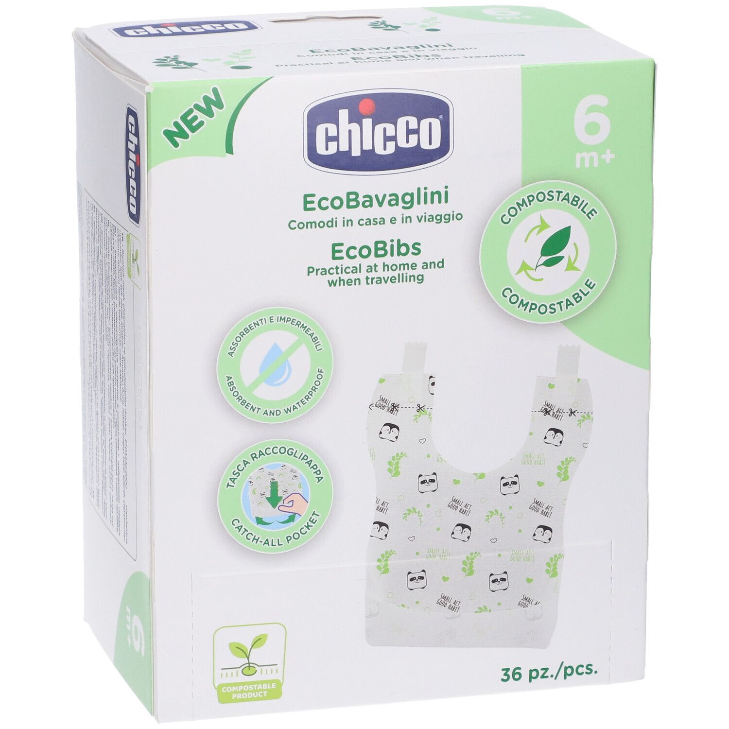 Bavoirs jetables Chicco, 36 pièces. Compostables, 6+ mois, motif panda.