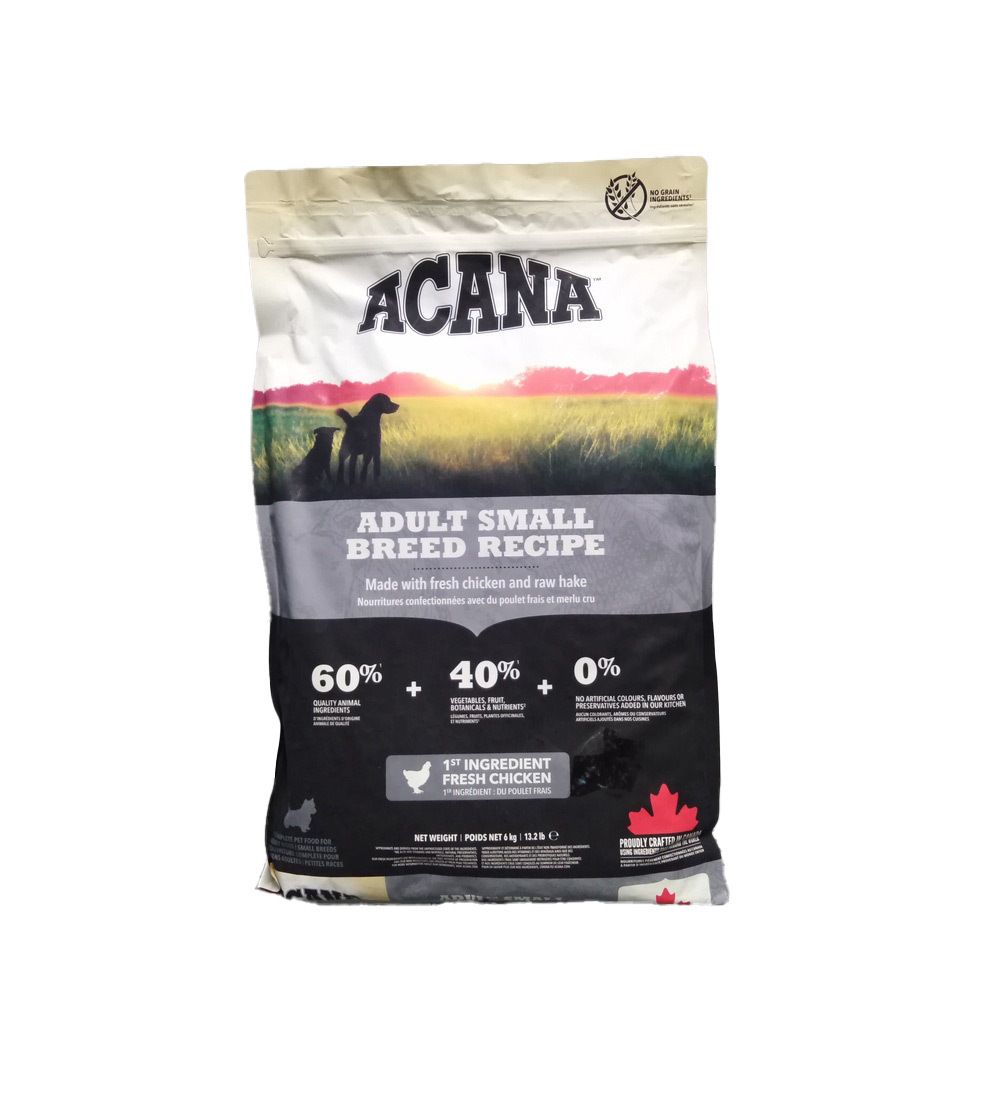 Sac ACANA, inscription "ADULT SMALL BREED RECIPE". Contient 60% d'ingrédients animaux, 40% de légumes, 0% de céréales. Image de chiens.