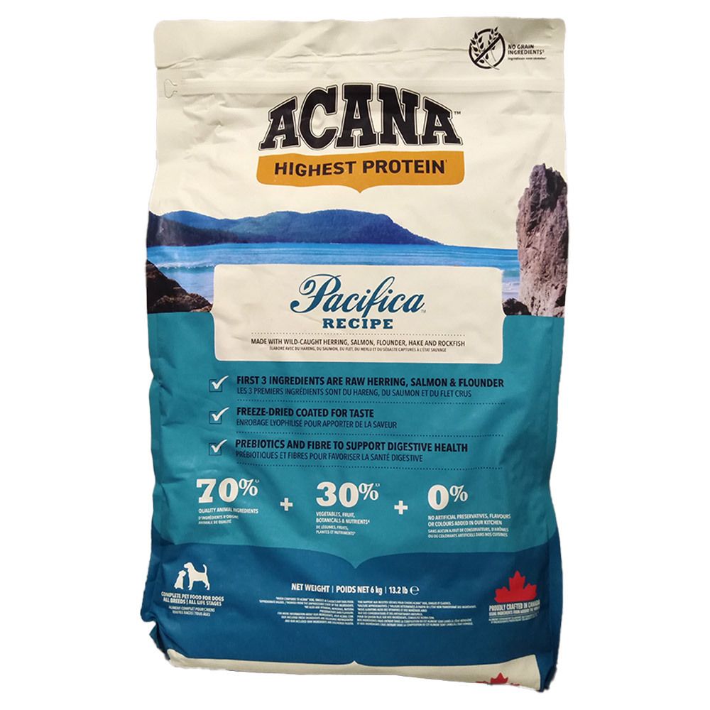 ACANA PACIFICA NOURRITURE POUR CHIENS 6KG : Vue avant de l'emballage avec paysage et informations sur le produit.