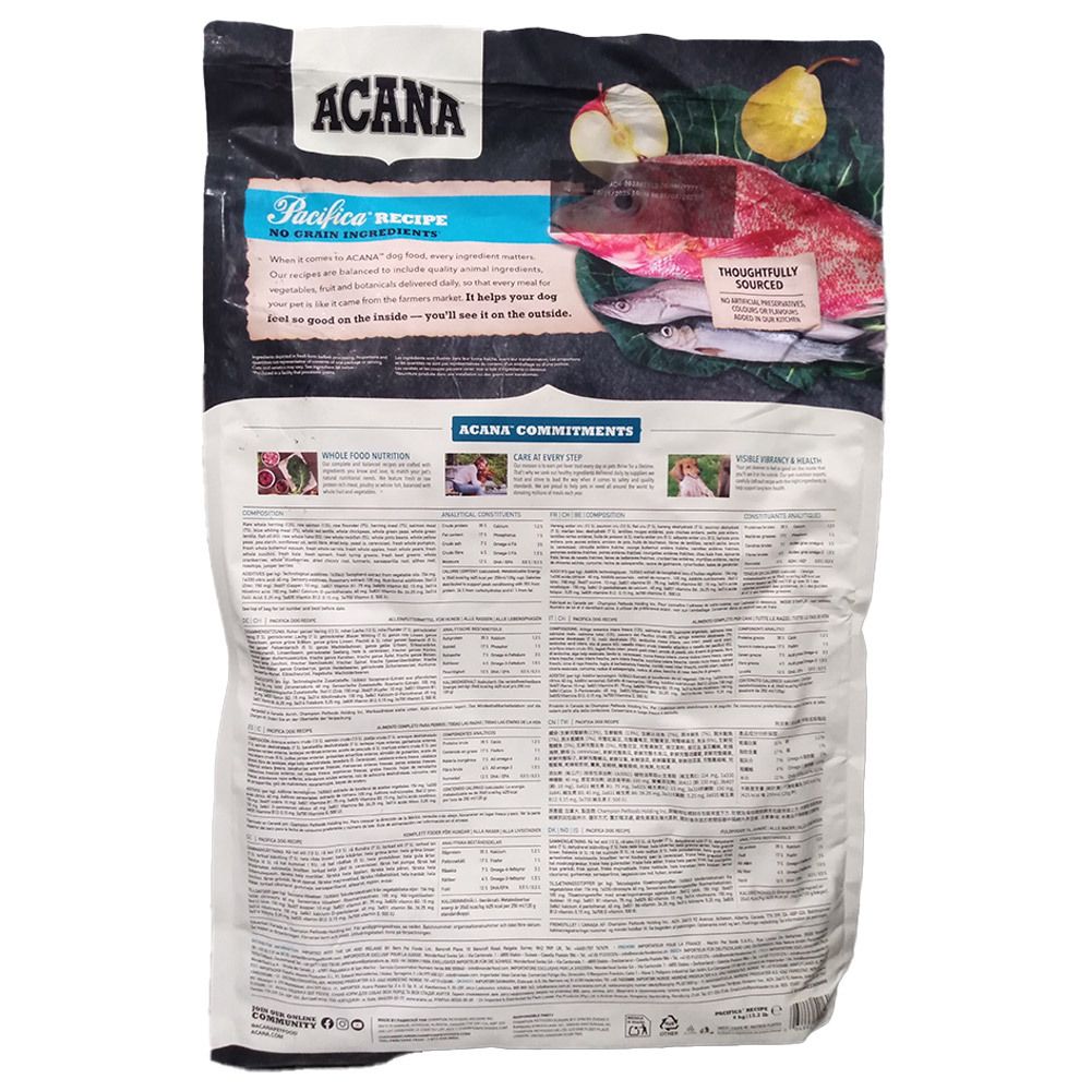ACANA PACIFICA NOURRITURE POUR CHIENS 6KG : Vue arrière de l'emballage avec ingrédients et informations sur le produit.