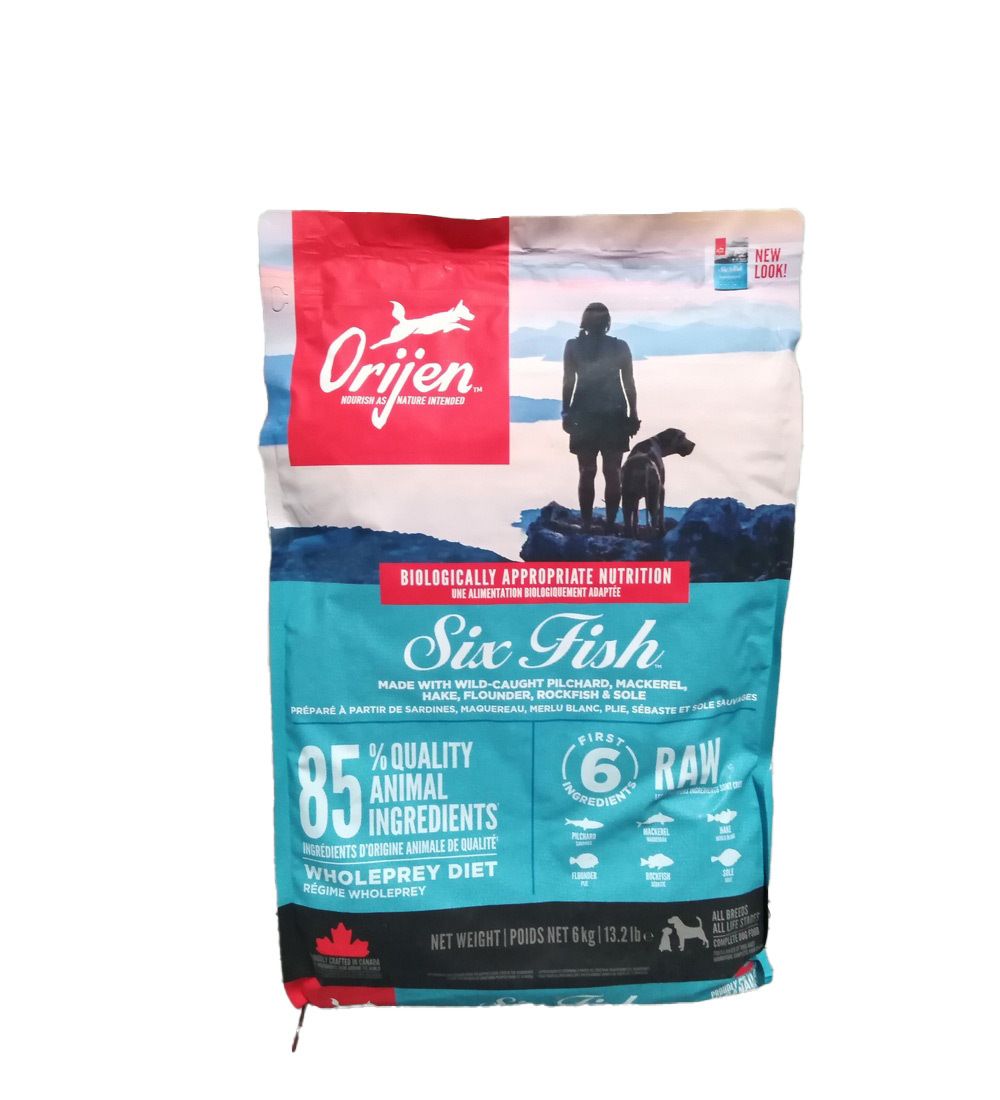 Sac de nourriture pour chiens Orijen Six Fish. 85% d'ingrédients animaux. Contient 6 poissons. Nutrition biologiquement appropriée.
