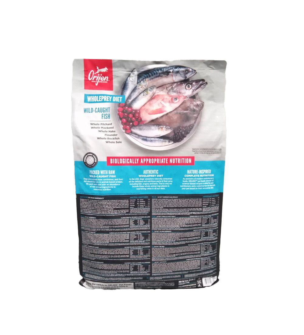 Dos du sac de nourriture pour chiens Orijen Six Fish. Contient des informations sur les ingrédients et la nutrition biologiquement appropriée.