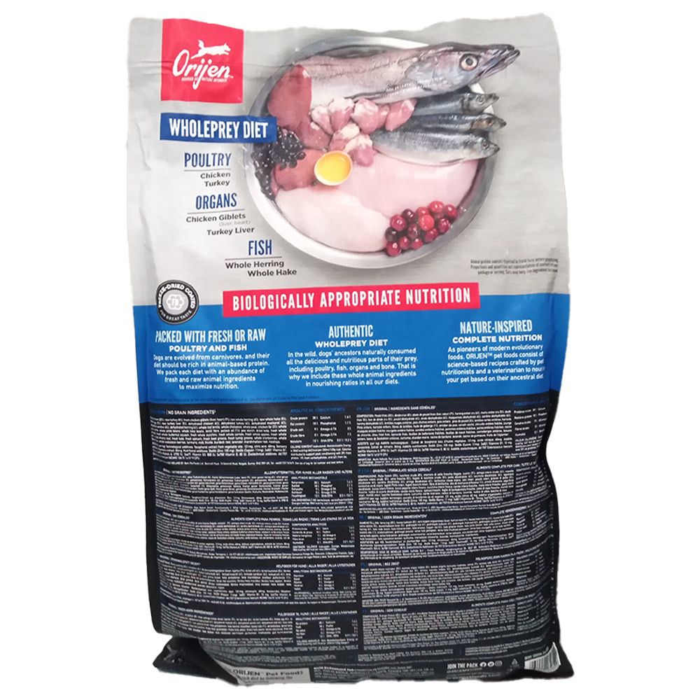 Sacs de nourriture pour chien Orijen Original, 6 kg. Dos avec image des ingrédients et informations nutritionnelles.