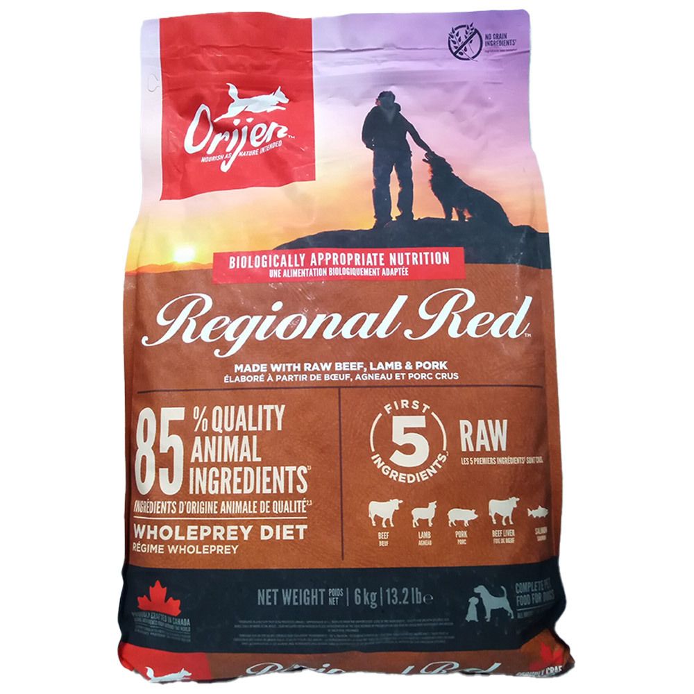Sac de nourriture pour chien Orijen Regional Red, 6kg. Nutrition biologiquement appropriée avec 85% d'ingrédients d'origine animale.