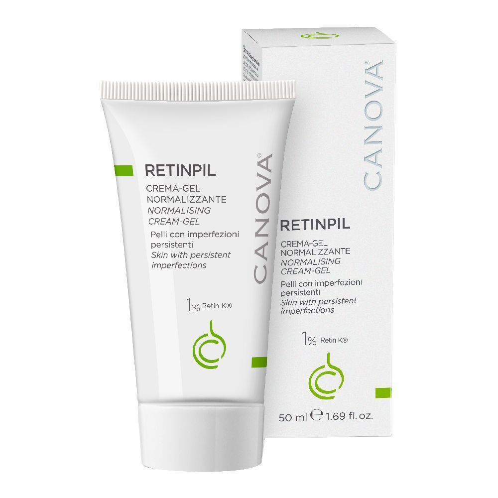 Tube et boîte de crème-gel. Inscription : Retinpil, Crème-gel normalisante. Contient 1% Rétin K8.