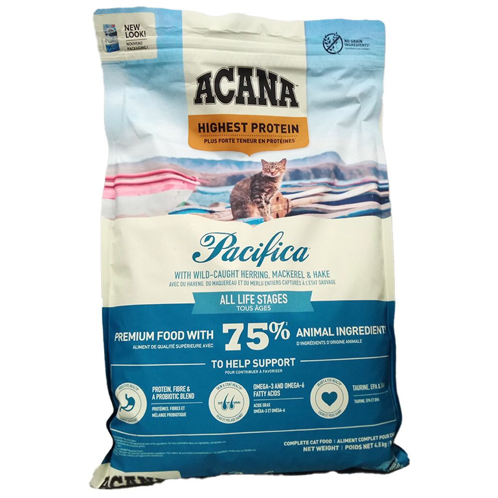 Sac de croquettes pour chat ACANA PACIFICA GF 4,5KG avec image de chat et paysage marin.