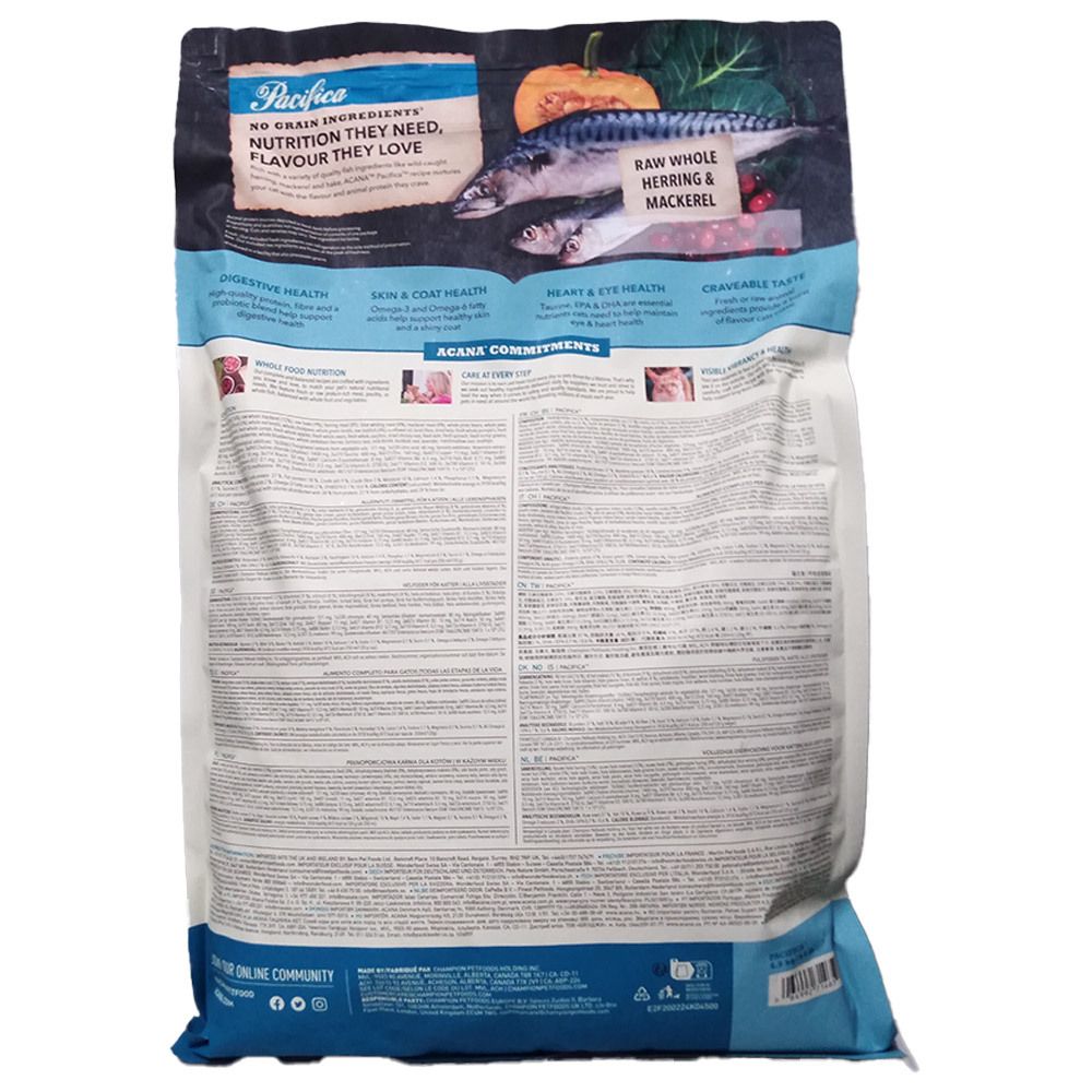 Arrière du sac de croquettes pour chat ACANA PACIFICA GF 4,5KG avec ingrédients et bienfaits pour la santé.
