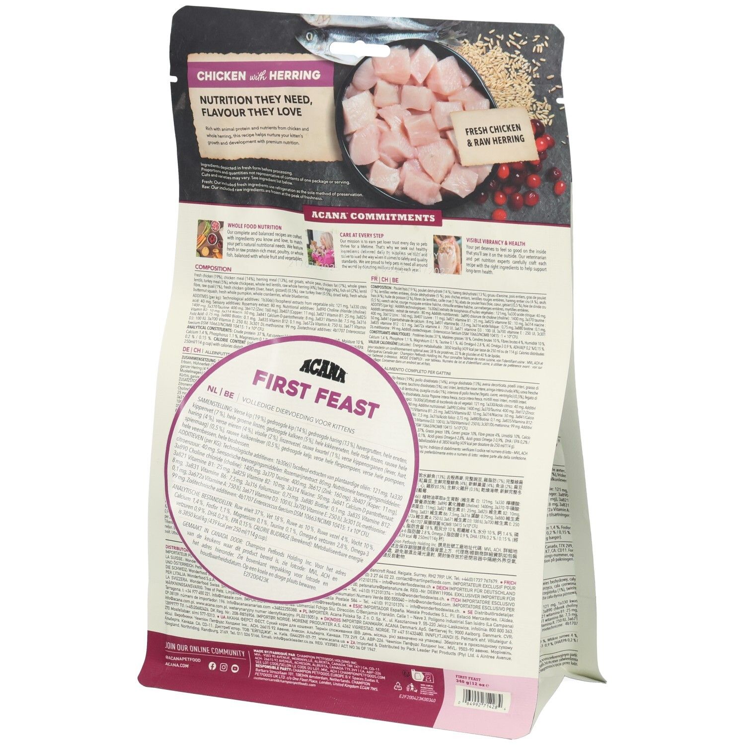 ACANA nourriture pour chat verso: Poulet et Hareng, 70% d'ingrédients d'origine animale, pour chatons.