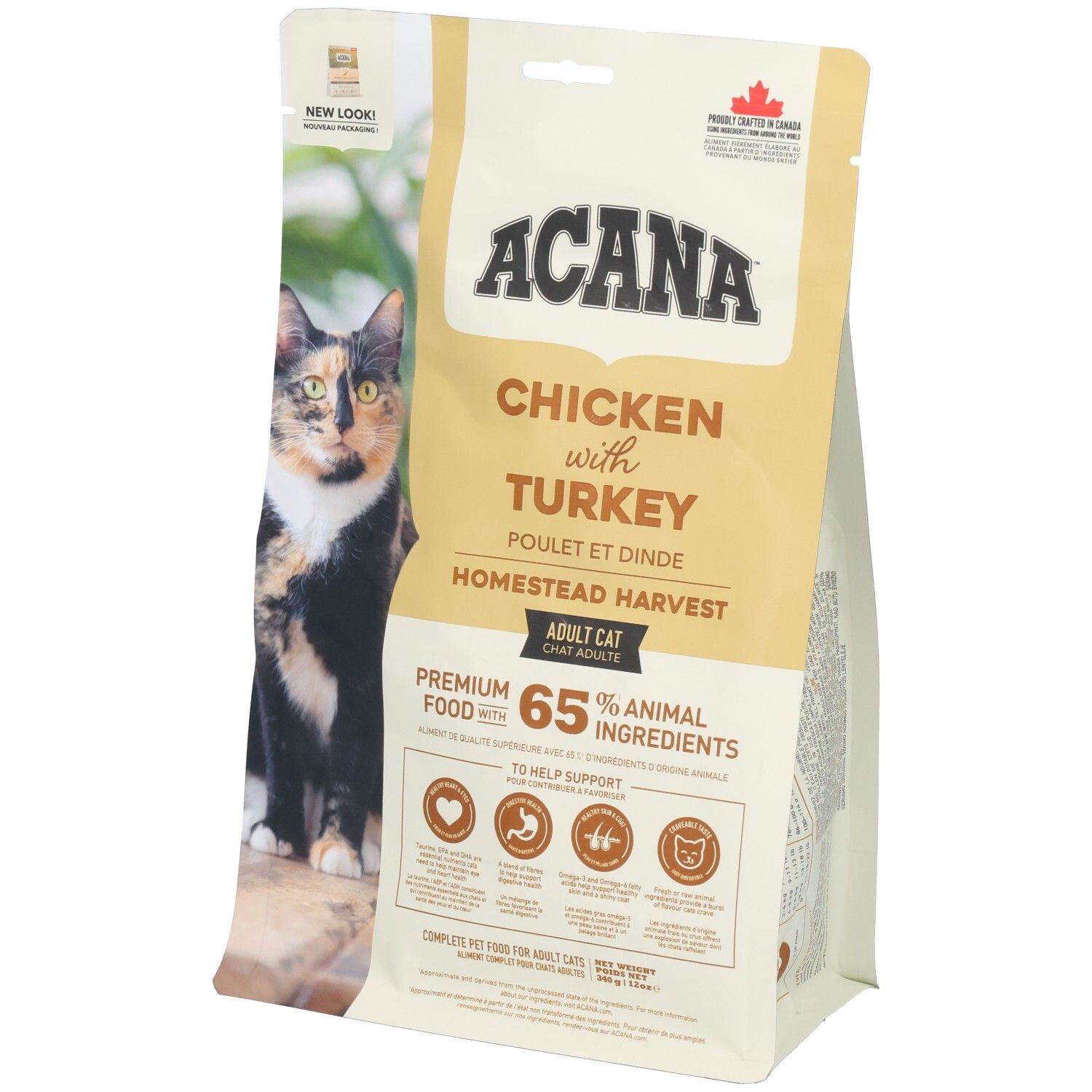 Sac de nourriture ACANA Homestead Harvest Adulte Chat Poulet et Dinde avec chat.