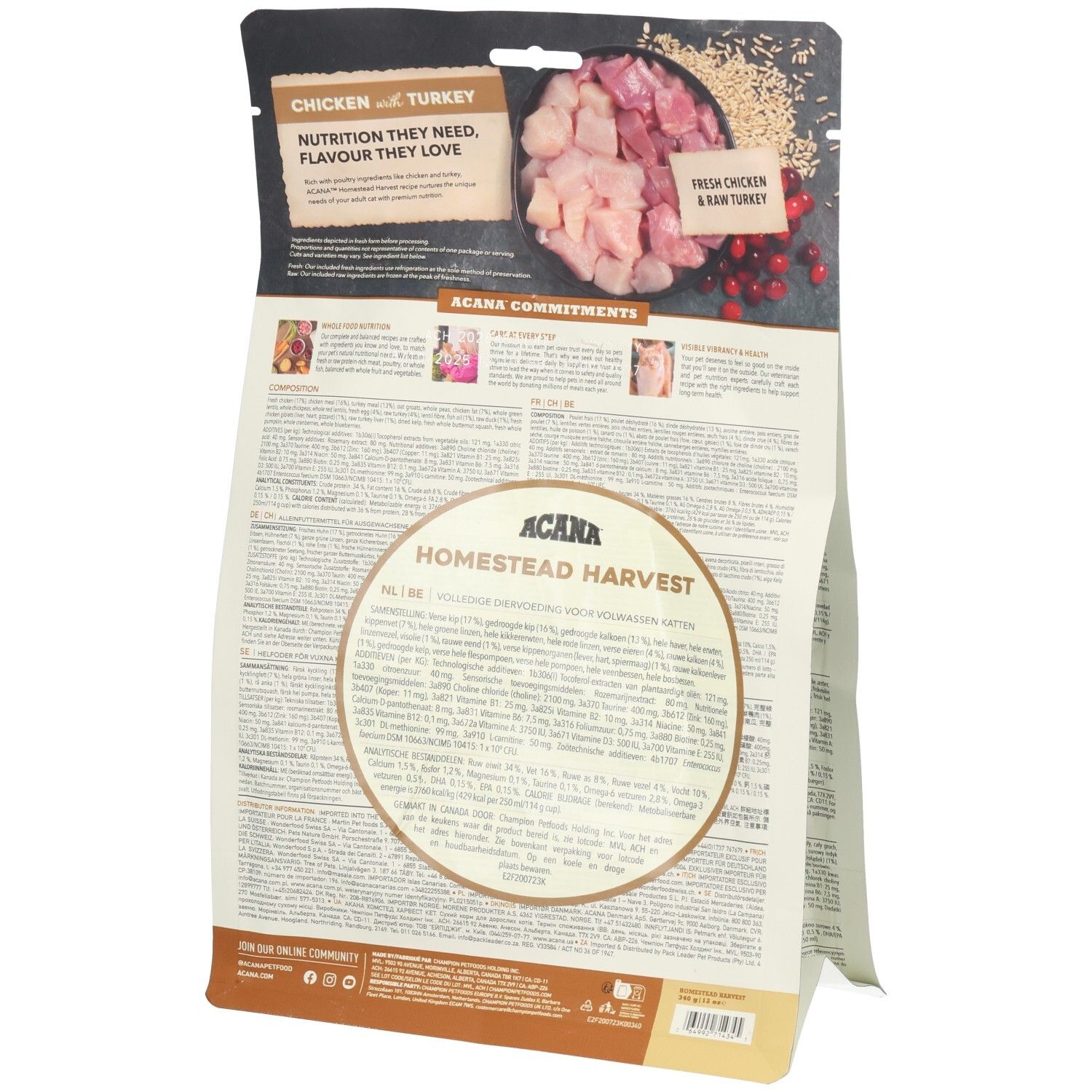 Arrière du sac de nourriture ACANA Homestead Harvest Adulte Chat Poulet et Dinde.