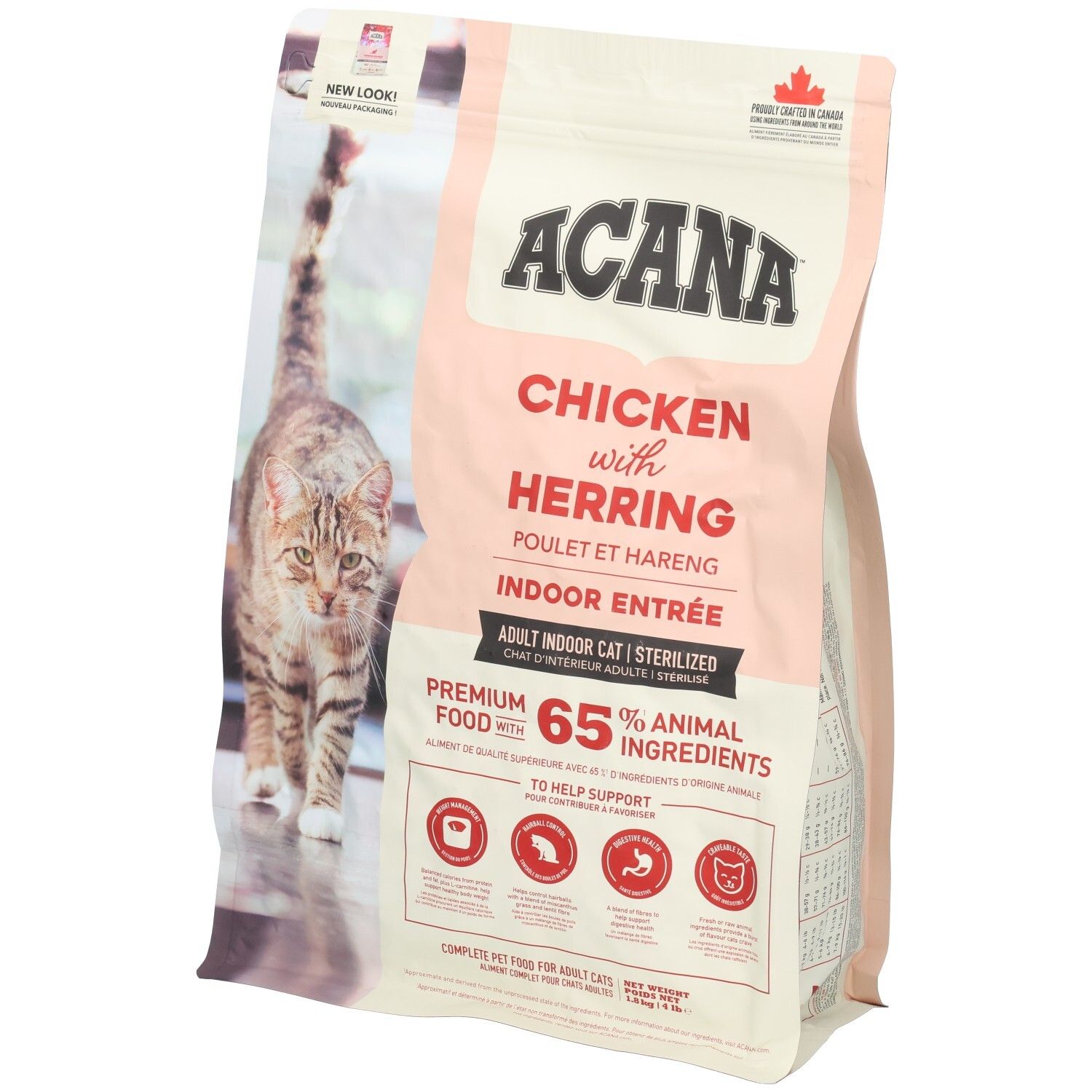 Sac rose et blanc de nourriture pour chats. Inscription : ACANA, Chicken with Herring, Indoor Entrée. Image d'un chat. 65% d'ingrédients animaux.