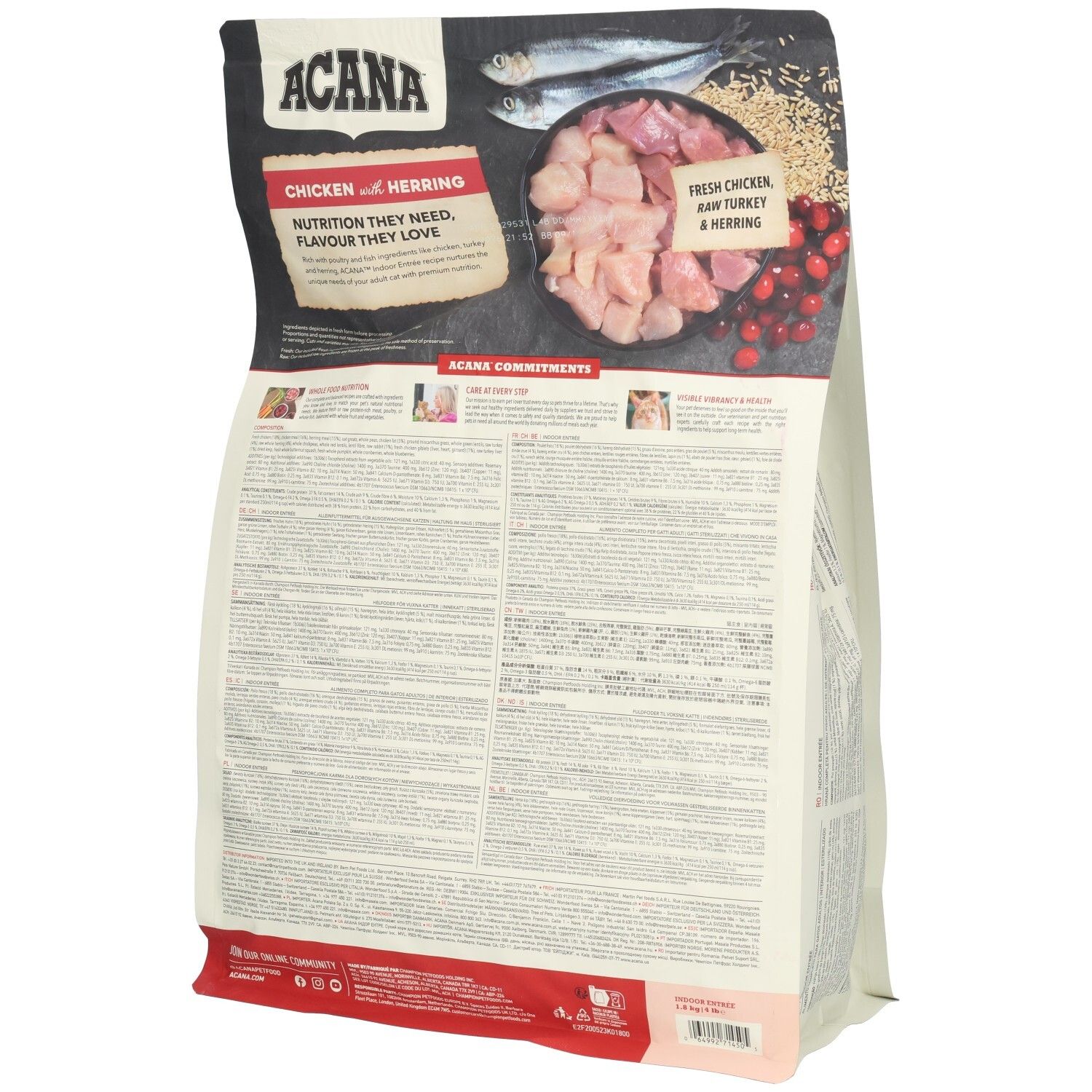 Dos d'un sac de nourriture pour chats. Inscription : ACANA, Chicken with Herring. Images d'ingrédients. Texte en plusieurs langues.