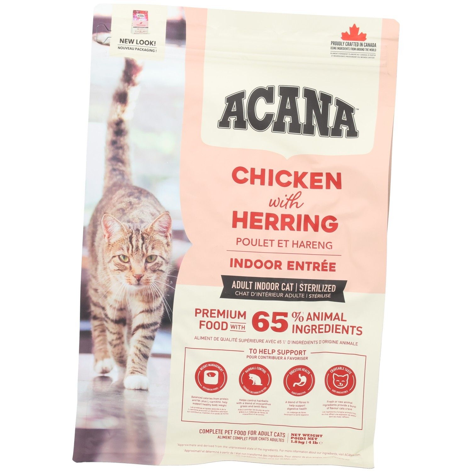 Sac rose et blanc de nourriture pour chats. Inscription : ACANA, Chicken with Herring, Indoor Entrée. Image d'un chat. 65% d'ingrédients animaux.