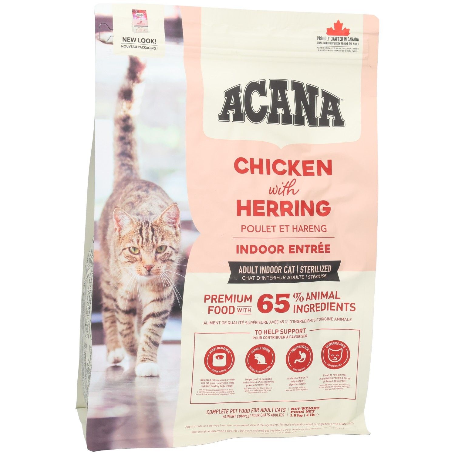 Sac rose et blanc de nourriture pour chats. Inscription : ACANA, Chicken with Herring, Indoor Entrée. Image d'un chat. 65% d'ingrédients animaux.