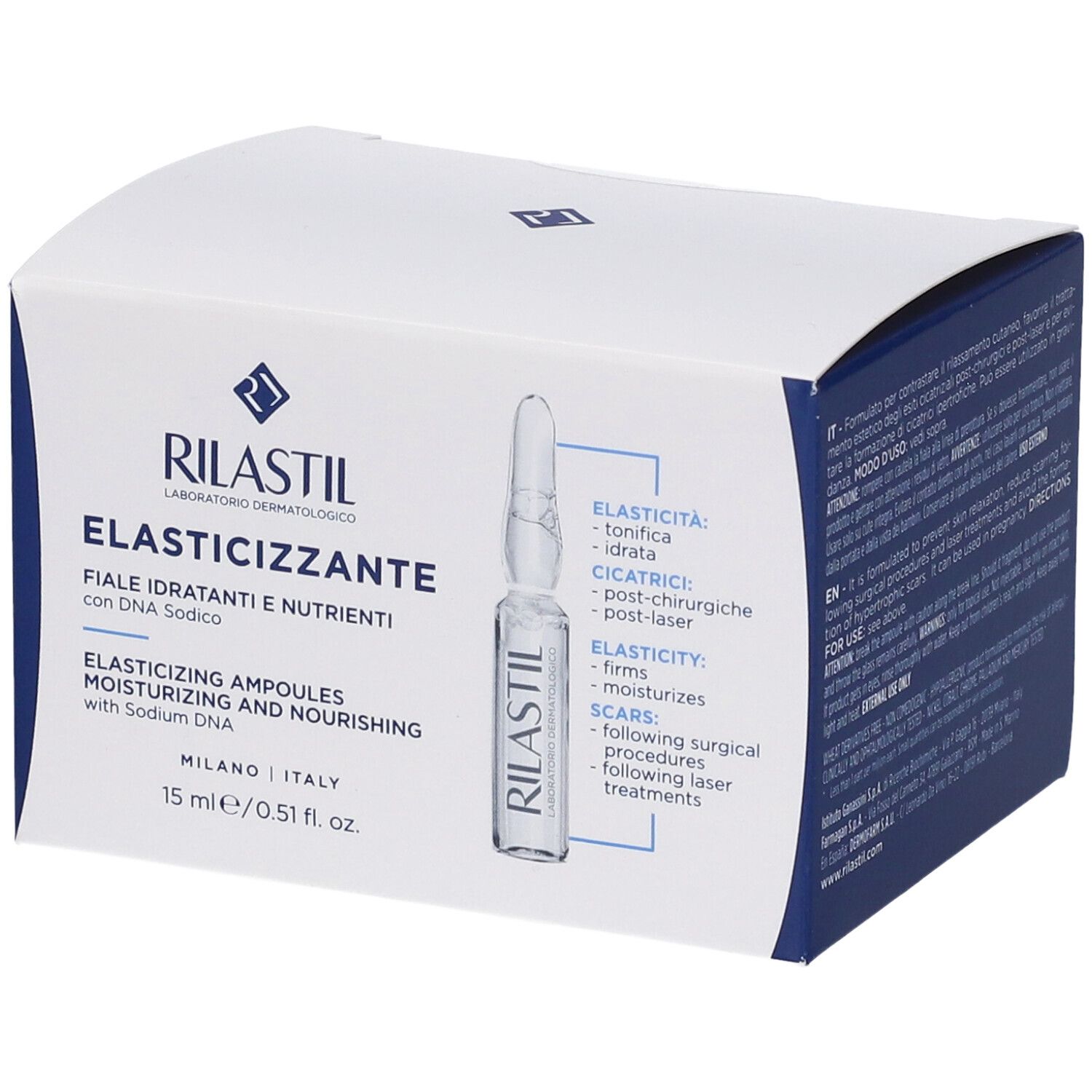 Boîte pliante blanche et bleue avec image du produit. Inscription : RILASTIL, ELASTICIZZANTE. Contient des ampoules. Texte en allemand, italien, anglais.
