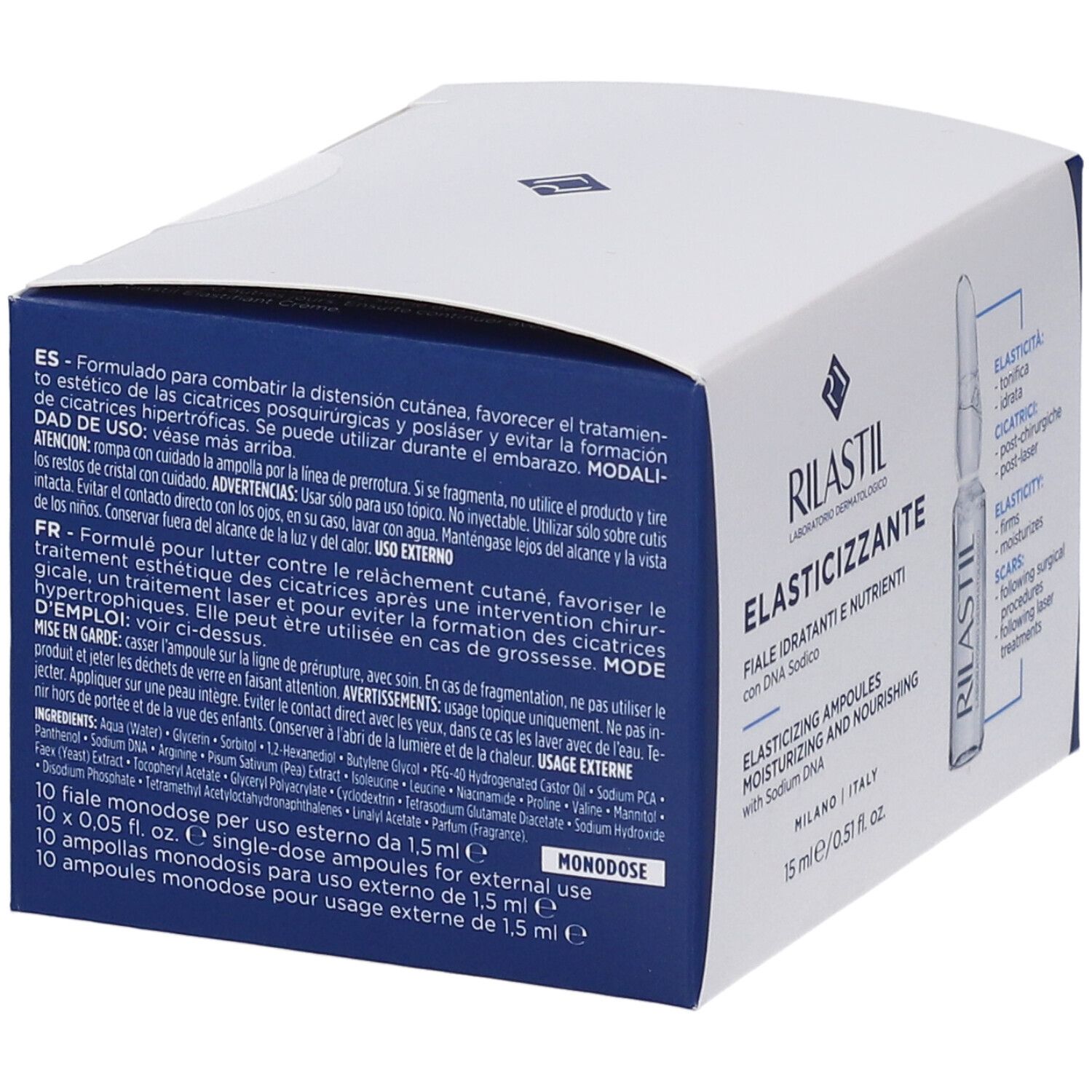 Boîte pliante blanche et bleue avec image du produit. Inscription : RILASTIL, ELASTICIZZANTE. Contient des ampoules. Texte en allemand, italien, anglais.