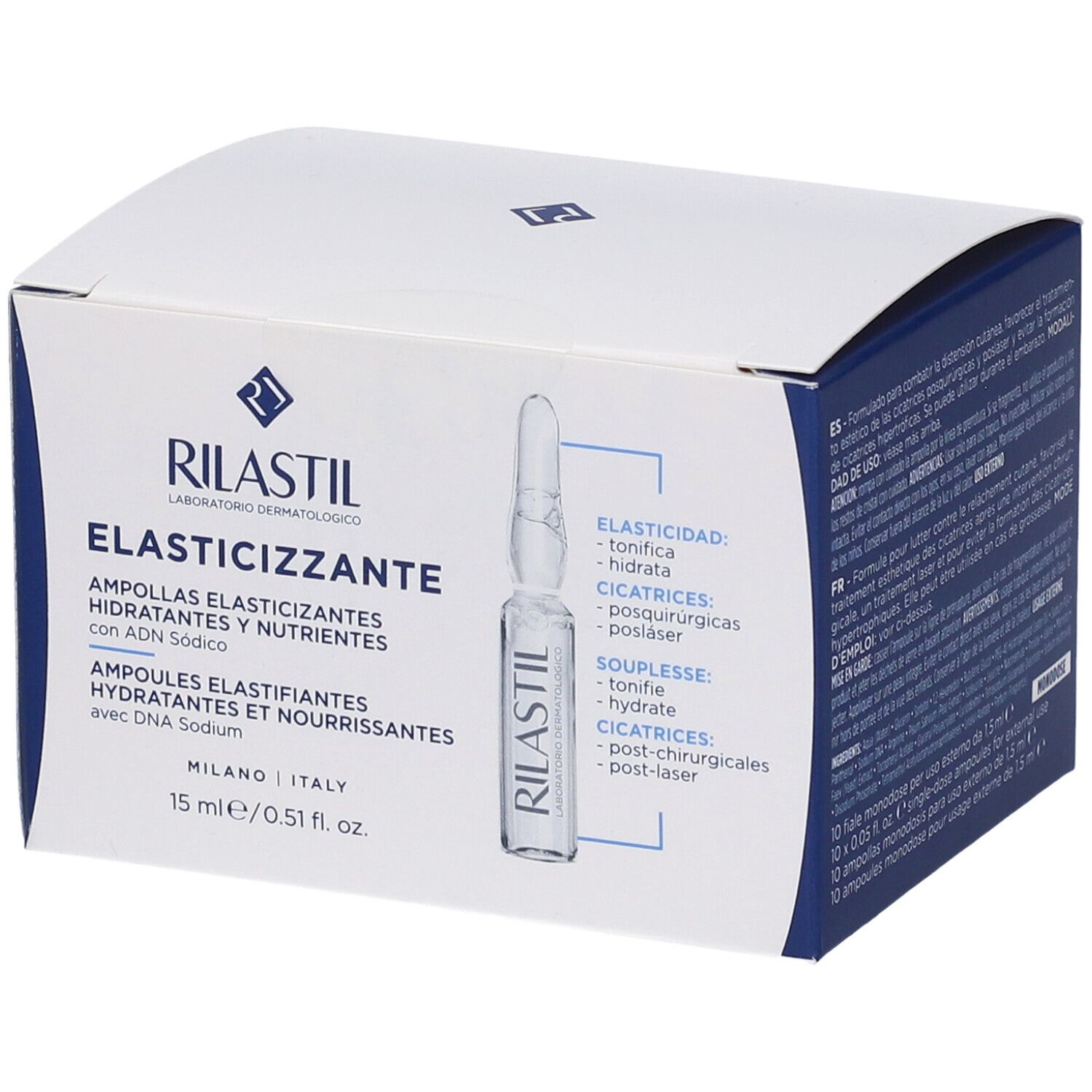 Boîte pliante blanche et bleue avec image du produit. Inscription : RILASTIL, ELASTICIZZANTE. Contient des ampoules. Texte en allemand, italien, anglais.