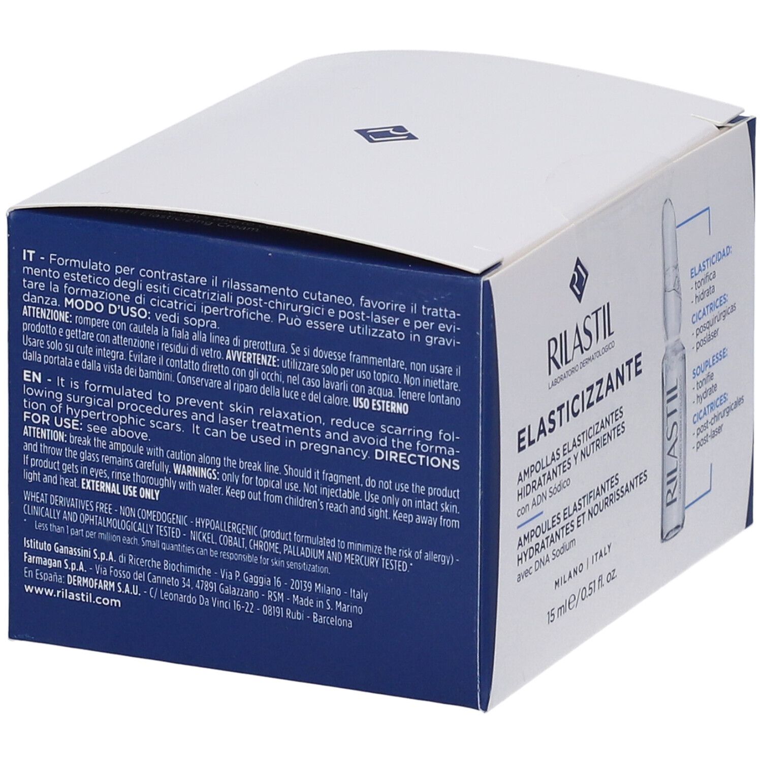 Boîte pliante blanche et bleue avec image du produit. Inscription : RILASTIL, ELASTICIZZANTE. Contient des ampoules. Texte en allemand, italien, anglais.