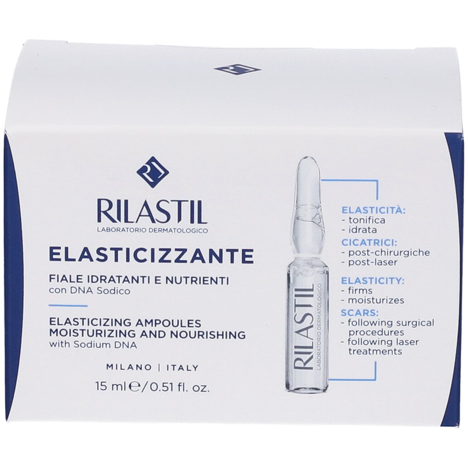 Boîte pliante blanche et bleue avec image du produit. Inscription : RILASTIL, ELASTICIZZANTE. Contient des ampoules. Texte en allemand, italien, anglais.