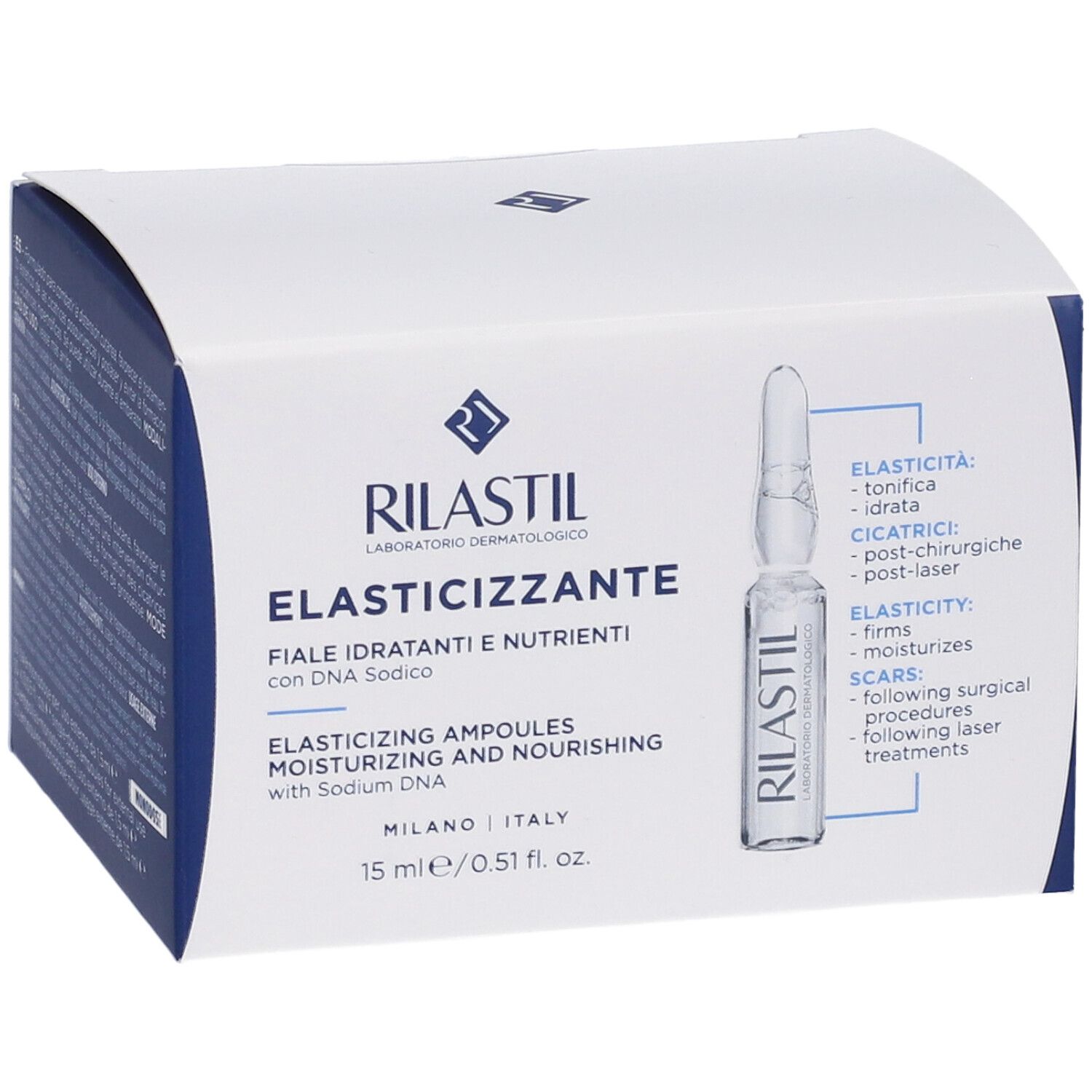 Boîte pliante blanche et bleue avec image du produit. Inscription : RILASTIL, ELASTICIZZANTE. Contient des ampoules. Texte en allemand, italien, anglais.