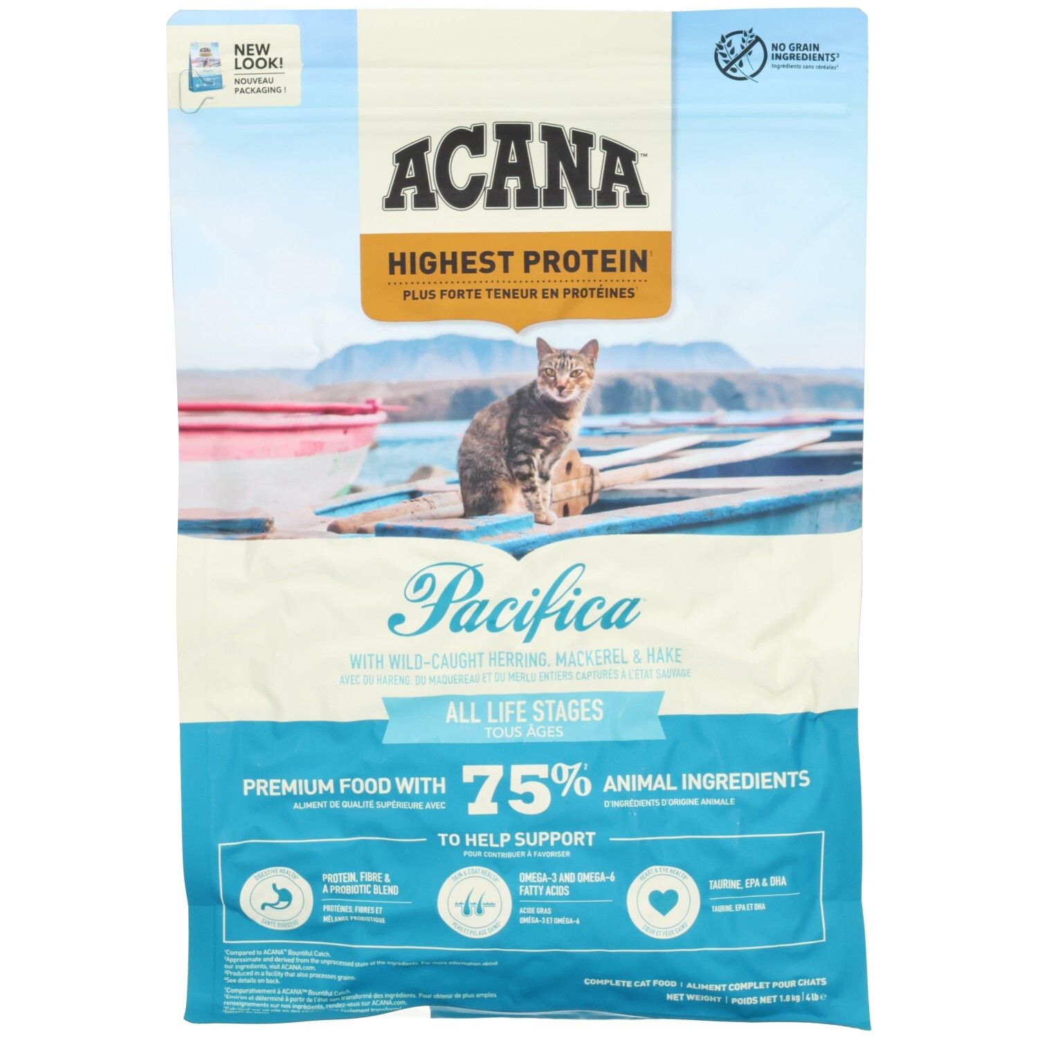 ACANA Pacifca nourriture pour chat : Protéines maximales, toutes étapes de vie, avec hareng, maquereau et merlu sauvages.