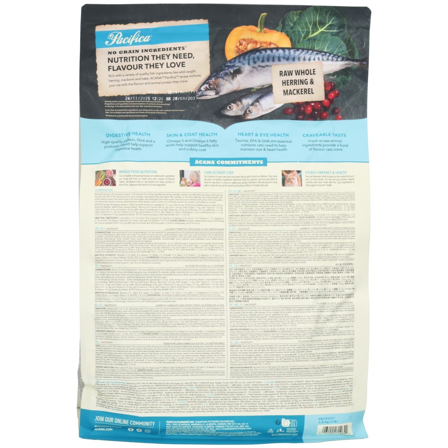 ACANA Pacifca nourriture pour chat verso : Sans céréales, avec hareng & maquereau crus, pour digestion, peau, pelage, cœur et yeux.