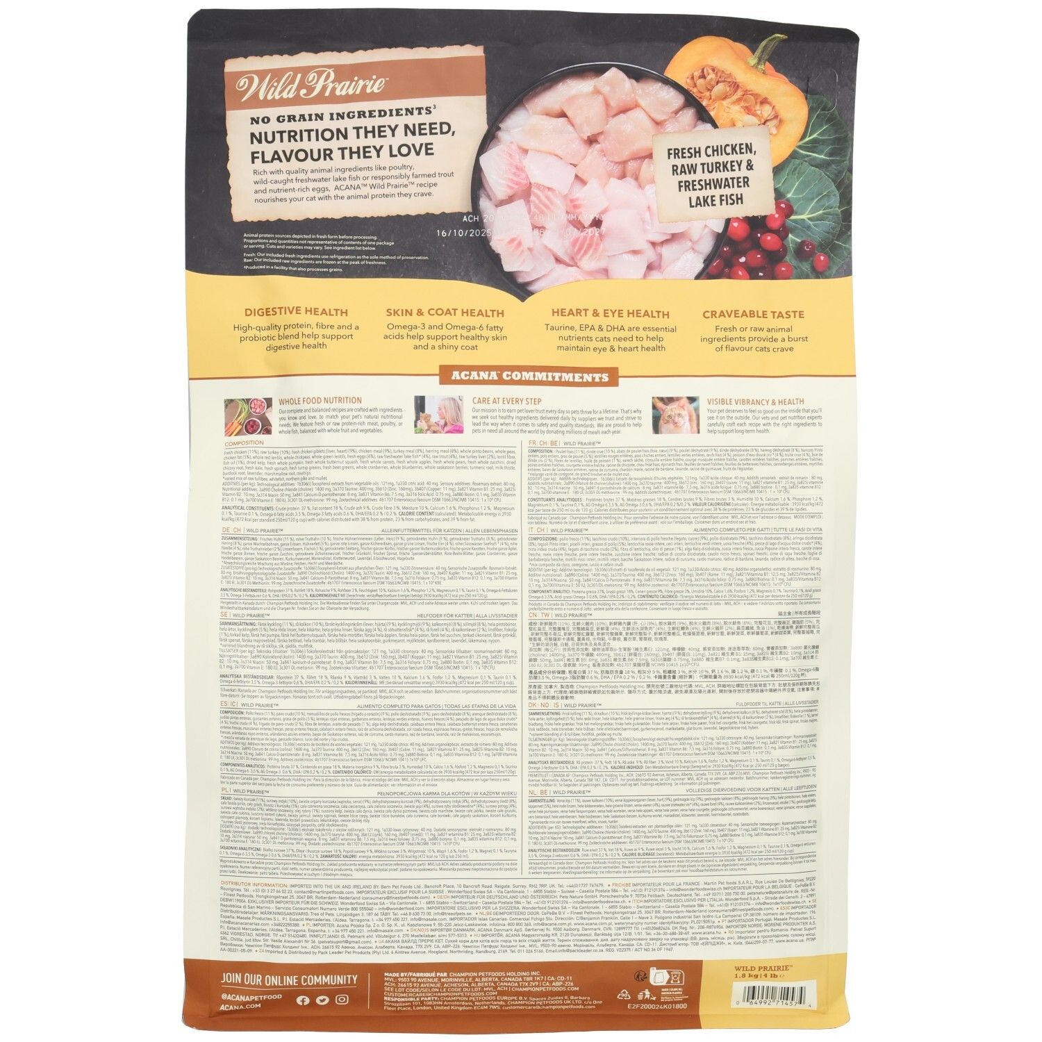 ACANA Wild Prairie nourriture pour chat verso : Sans céréales, poulet frais, dinde crue, poisson d'eau douce. Soutient la digestion, la peau et le pelage.