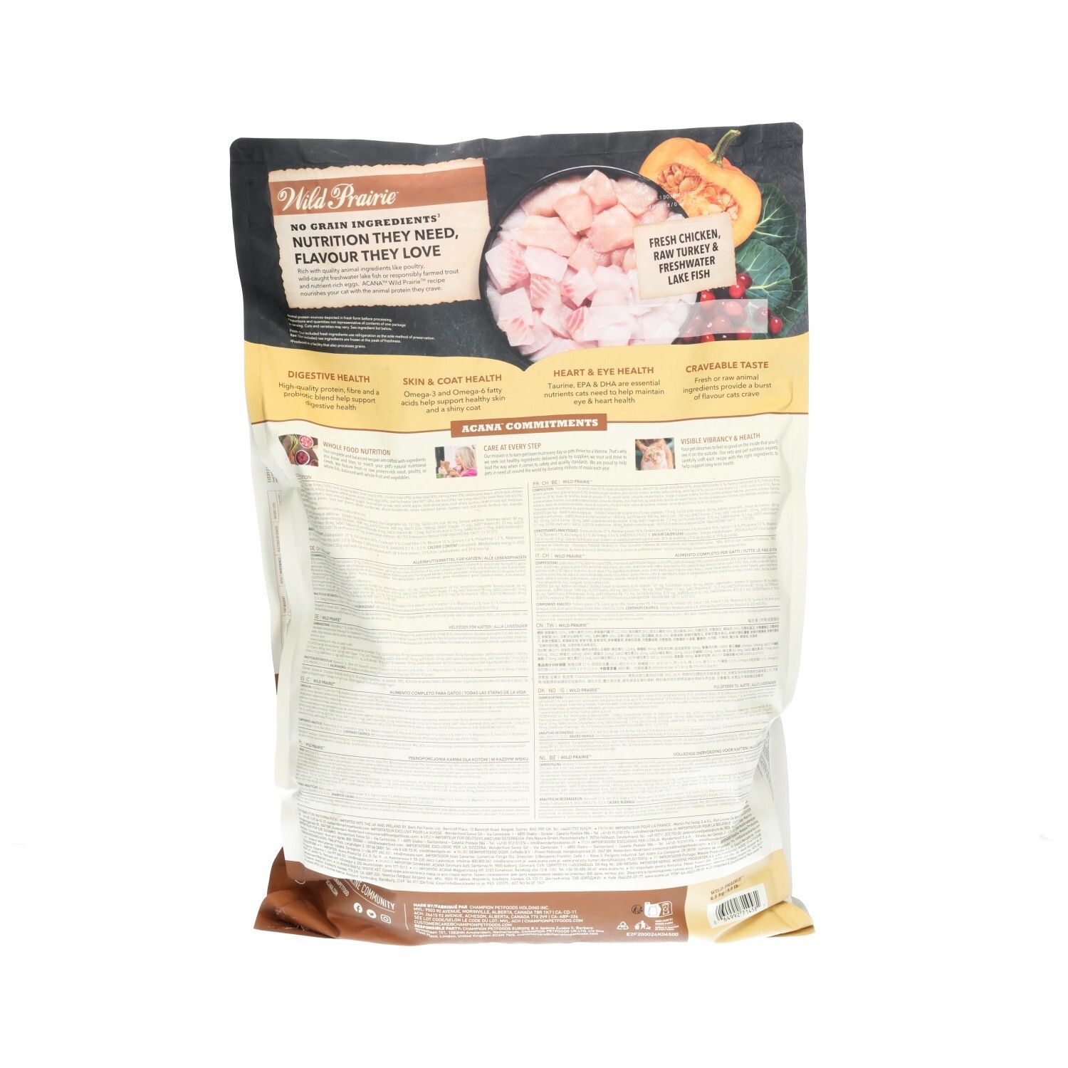 ACANA Wild Prairie nourriture pour chat verso : Sans céréales, avec poulet frais, dinde et poisson. Soutient la santé, le pelage et les yeux.