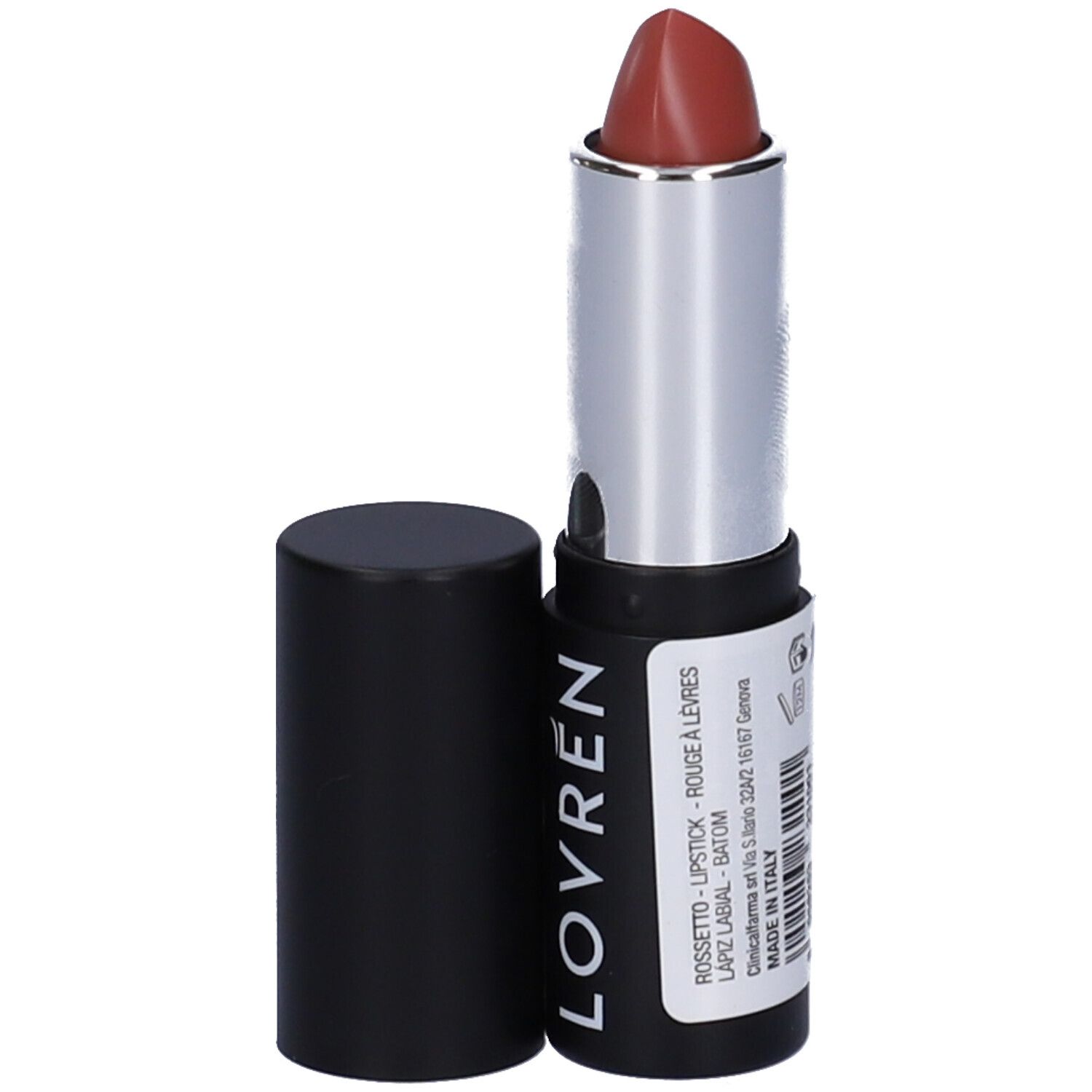Rouge à lèvres rouge-brun dans un étui noir et argenté. Le nom "LOVREN" est visible sur l'étui.